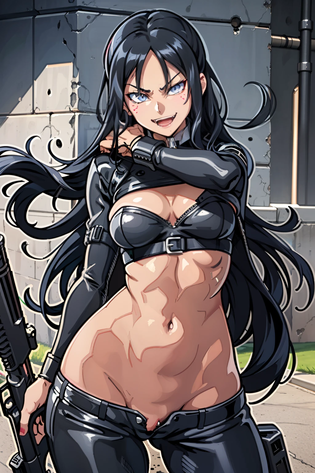Pitohui_Elza, crazy smirk,, masterpiece, best quality, highly detailed, a girls with a gun, evil smile , open mouth, sexy gaze, badass
pose , evil smile, smile, (nsfw) not safe for work, guns blazing, anime girl with long hair, beautiful long
haired girl, navel, evil expression, exposed belly, exposed navel, exposed midriff, exposed lower belly,
long black pants, crop top, cleavage, unbuttoned leather pants ,open fly, low rise black leather pants,
leather jacket, holding a gun, outdoor,street,road, , lipstick,open arms sideway,
arms T-pose, smirk, standing, anime girl T posing