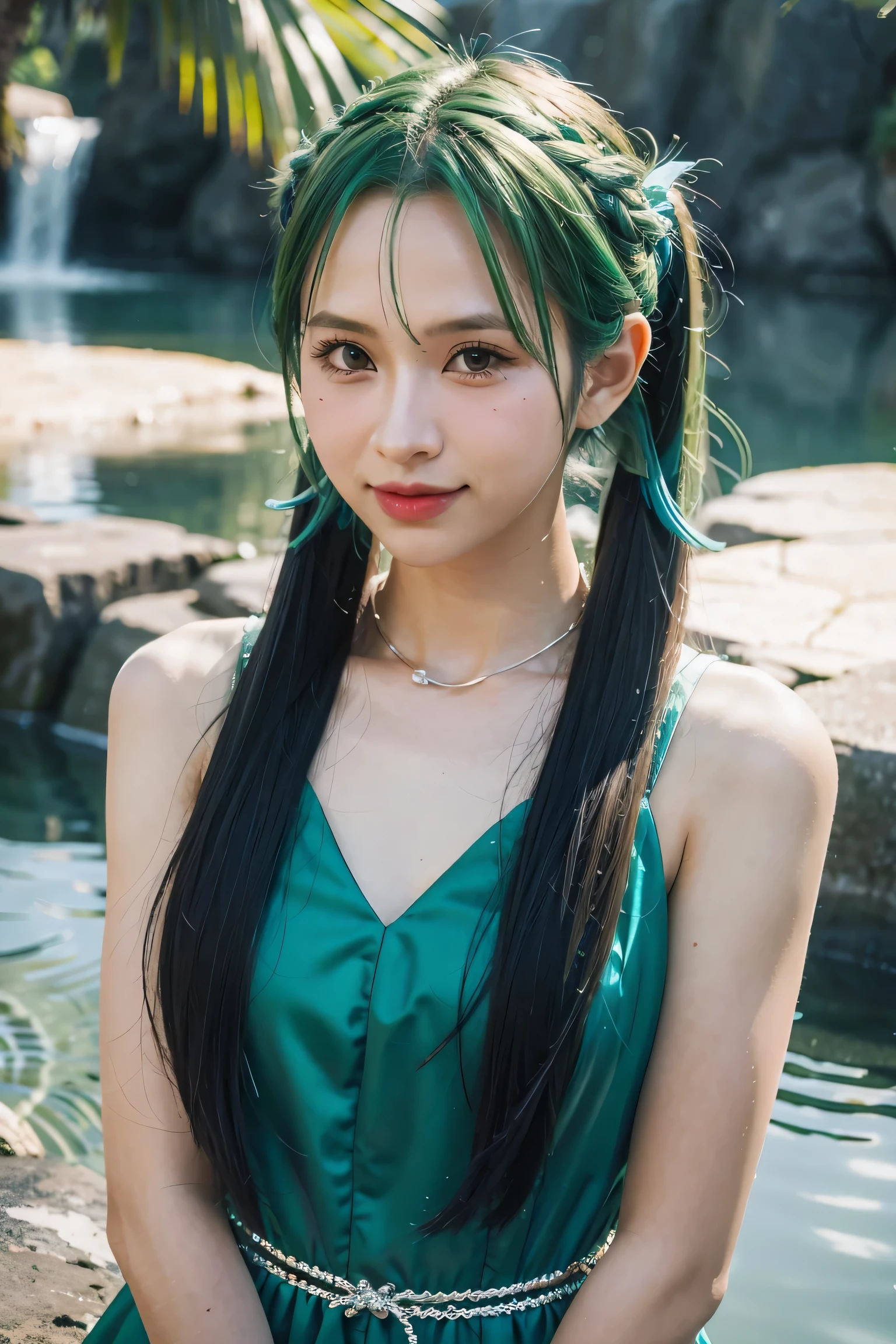 1 girl, alone, hair accessories, green hair, Twintail, long hair, set, water,, Mid-shot portrait of (Farusan) From Genshin Impact,, dark fantasy background, charming smile., By Greg Rutkowski and Walt Disney Realistic, highly detailed, analog style photography. Sharp focus on the eyes, movie light,, , ,UHD, HDR, 8k