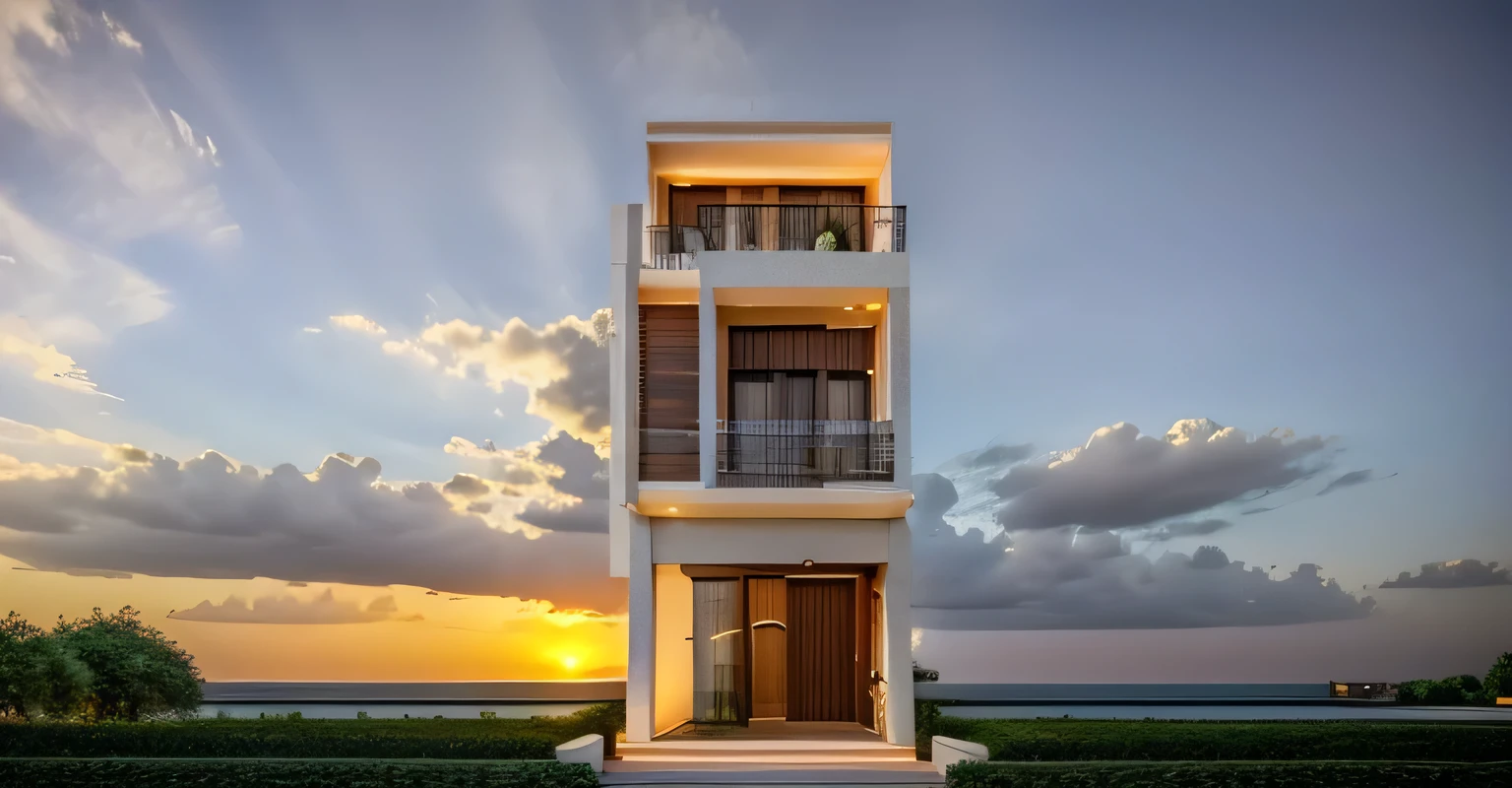 arafed image of a tall building with a balcony and balconies, realistic building, building facing, front elevation view, elevation view, inter dimensional villa, 3 d rendering, 3d rendering, complete house, exterior design, modern lush condo as shopfront, 3/4 view realistic, flat 2 d, full building, nepali architecture buildings, architectural concept