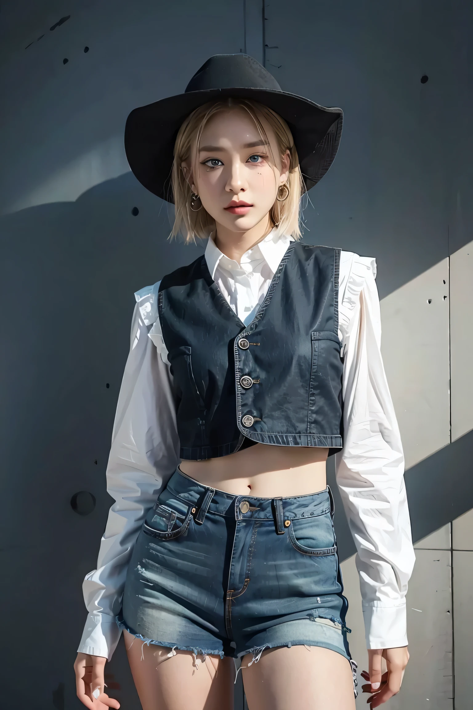 (Cowboy Shot: 1.2), (robot_18, and 18(Dragon Ball Z), (Beautiful eyes and intricate facial details.), (face through thigh: 1.4), (Knee shot: 1.2), blonde hair, alone, woman, (beautiful background), :), Dynamic angle, blue eyes, light face, sunlight, (bright face: 1.2), The hips are very wide., very thick thighs, full body shot, alone, blonde hair,  blue eyes, short hair, earring, decorations, jeans dress, open vest, (black shirt), jeans skirt, (striped long sleeves), blue skirt, brown cowboy boots