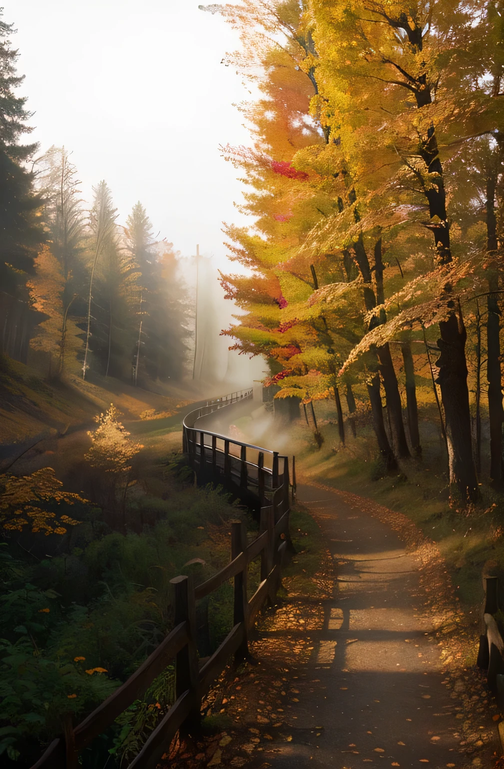 there is a person walking down a path in the woods, in the autumn, autumn tranquility, autumn forest, leading to a beautiful, in the autumn forest, during autumn, mystical orange fog, by Sebastian Spreng, pexels, road into the forest with a lake, a beautiful pathway in a forest, beautiful forest, autumn colors, orange fog