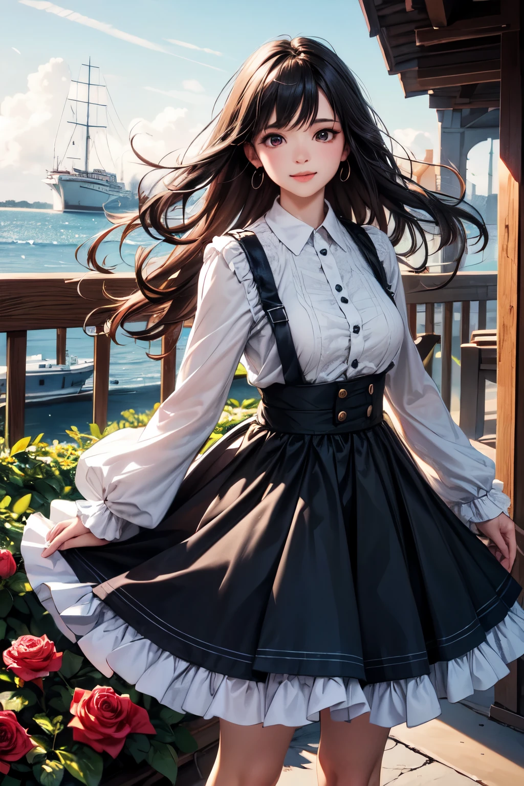 very cute and beautiful girl,(highly detailed beautiful face and eyes),(smile:1.2),cowboy shot,
navy blue frilled dress,standing,stylish pose,(detailed legs,mini skirt:0.9),
black hair,(rose garden),navy harbor,warships in distance,
(best quality,masterpiece:1.0),absurdres,highres,ultra-detailed,extremely detailed,32k,8k resolution,
intricate details,cinematic scene,detailed background,solo,dynamic angle,
solo,natural lighting,hair fluttering in the wind,beautiful detailed sky,