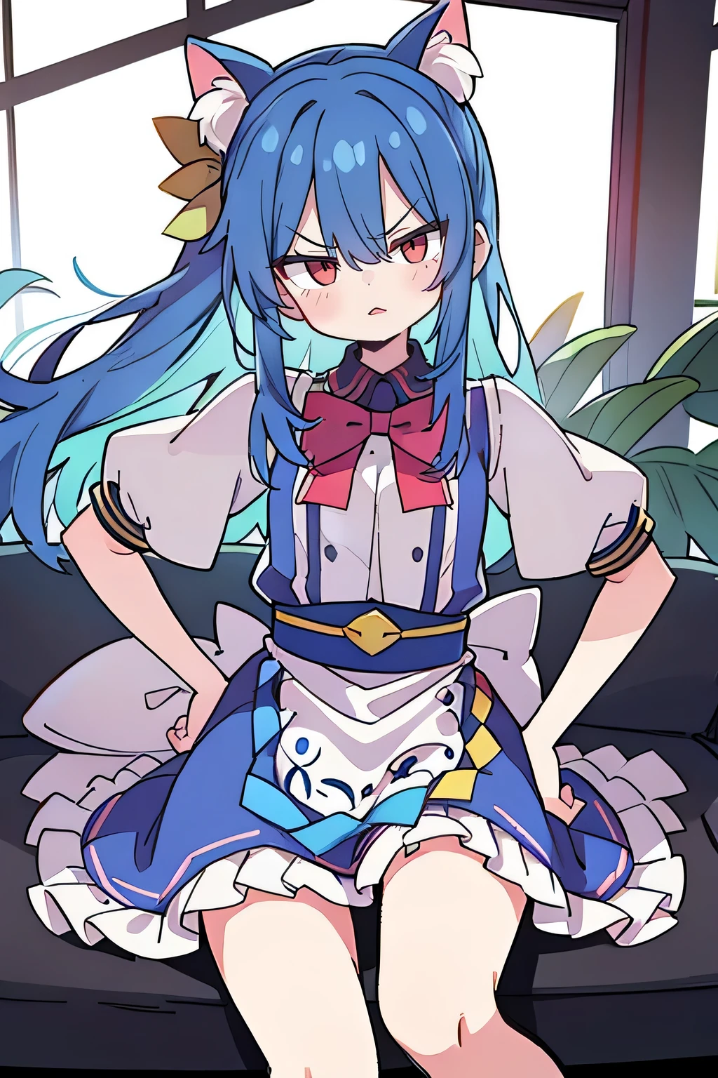 (masterpiece),best quality, expressive eyes, perfect face, 1girl,
 Put your hands on your waist,fair, Gorgeous,Japanese cartoons,girl,lola,Hina Angel, blue hair, blue haired, floating clothes,Grab your waist, Grab your waist, hands on hips , hands on hips,sit, sit on ground, Legs on the ground, flat chest,angry,