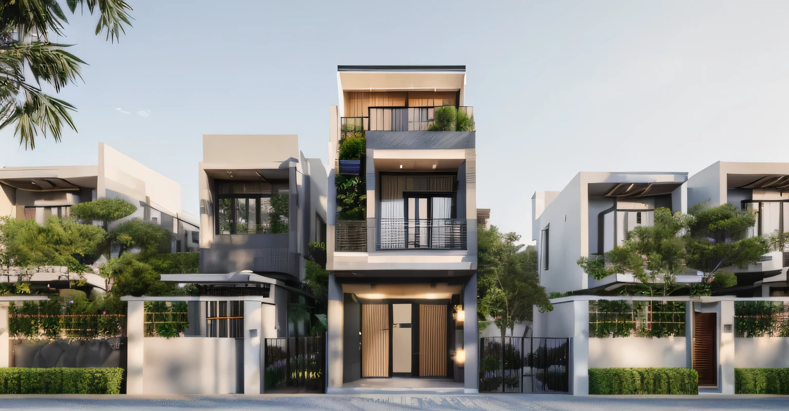 Townhouse in city, daylight,warm light, (sharp focus) front view of townhouse in style of modern, Vietnamese architecture ,mutual colours, soft lighting, warm atmosphere,high Resolution, hyper detailed,8k, hdr, ,vray render, hyper realistic,exterior design , professional photography, exterior photography,wide-angle shot , ultra detail, real world location, road sign, cityscape, pavement, ground vehice, cloudy sky. doors and windows are made by Xingfa. bancony have many trees , ivys, palms. black iron frame. wooden ceiling, ceiling light, black iron gate, iron railing, fence walls is made by black stone