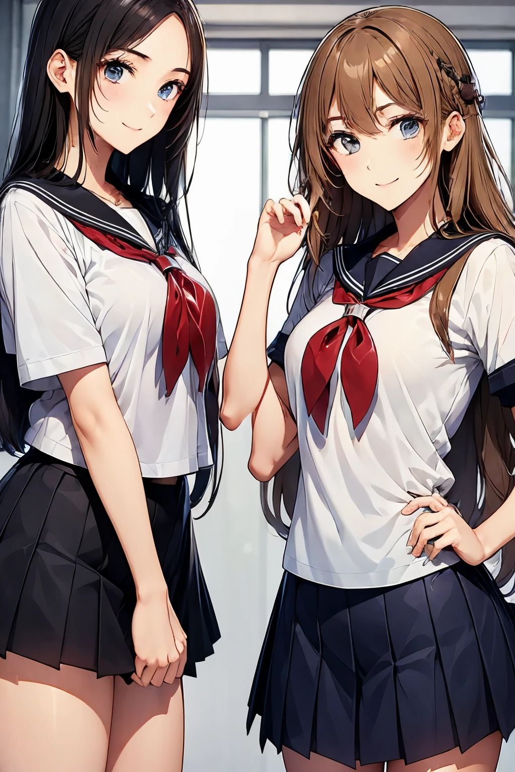 Two high school girls playing with each other、seductive smile、classroom