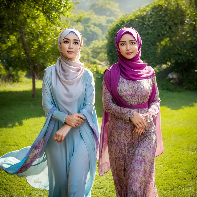 half body, beautiful muslimah girls, wearing traditional silk baju kurung, ultra-detailed, detailed faces, detailed skins, 8k masterpieces, cinematic lighting, firm push-up bosom, modest bosom, slim and slender body, long hijab, eid mubarak, in malay village, in the meadow