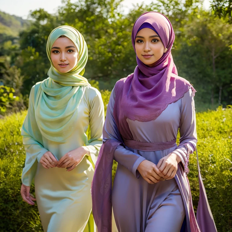 half body, beautiful muslimah girls, wearing traditional silk baju kurung, ultra-detailed, detailed faces, detailed skins, 8k masterpieces, cinematic lighting, firm push-up bosom, modest bosom, slim and slender body, long hijab, eid mubarak, in malay village, in the meadow