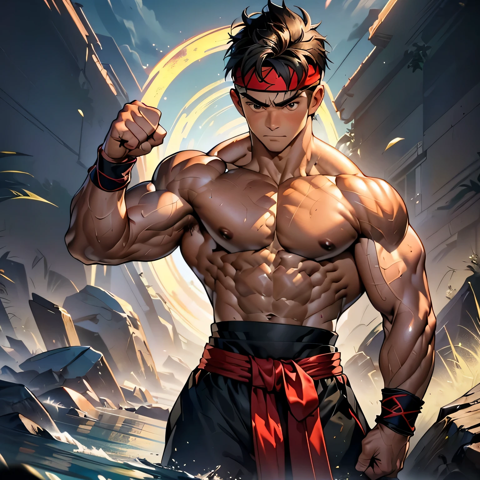 (Masterpiece, Best quality 19 year old boy, simple background, cowboy shot), solo, Young, boy, muscler, Shirtless, topless, (Dark Short straight hair, under cut, brown eyes), (red headband, ((black wristband, weist sash))), Vivid colors, (hot Abs:1.2, abs!, big abs, big breast:1.2, chest!, muscler upper arms, mighty fist), (topless male), closed mouth, muscler!, muscler body, Man with martial arts stance, (aura power:1.4), detailed face, detailed muscle, ((( random fighting pose, aggressive, powerful, action, rippling muscles)))