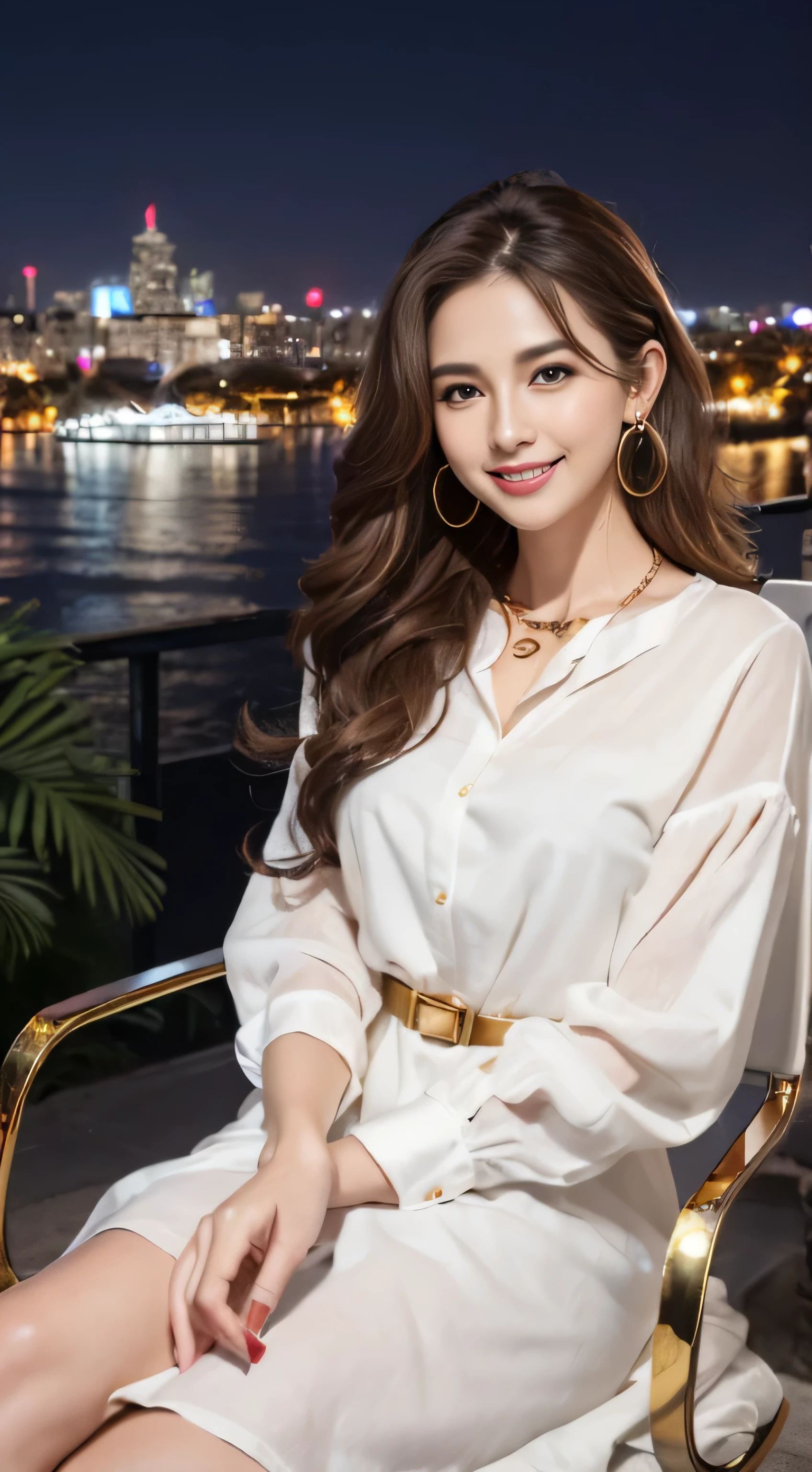 masterpiece, highest quality, realistic, Super detailed, small details, High resolution, 8k wallpaper, 1 beautiful woman, light brown messy hair, perfect dynamic composition, beautiful and detailed eyes、in the stylish office at night、((Super long brown hair:1.2))、((Hair with loose waves inside:1.2)),((gold necklace＿Large earrings:1.2)),((shy smile:1.3)),((wearing a white shirt dress:1.4)),((sitting on a chair, night view terrace background:1.3)),