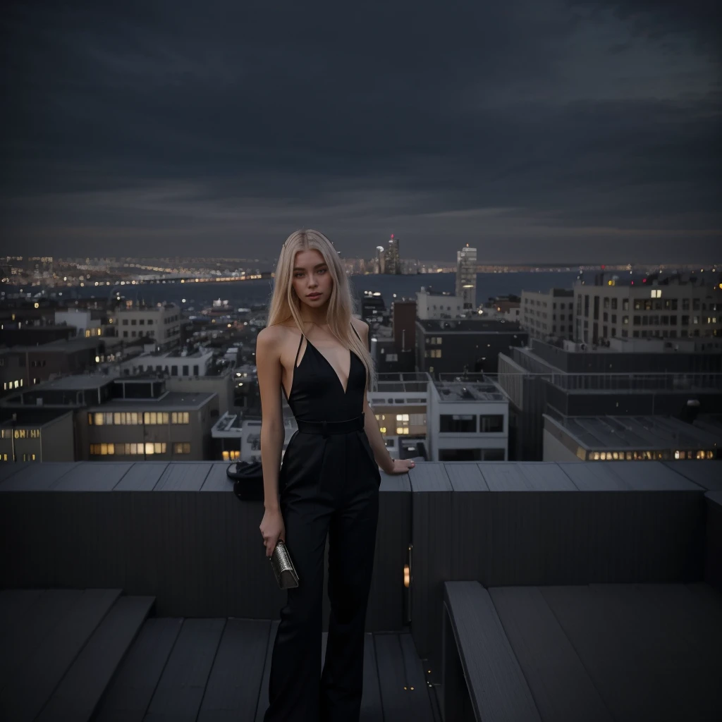 Experience the thrill of the city night with Aria, a 24-year-old model boasting a nice, slightly with big , in an exclusive rooftop bar photoshoot. Imagine Aria in a chic black jumpsuit that perfectly complements her platinum blonde hair. Frame the scene against the glittering cityscape, embodying the cosmopolitan charm and elegance of the evening in this fashionable composition.