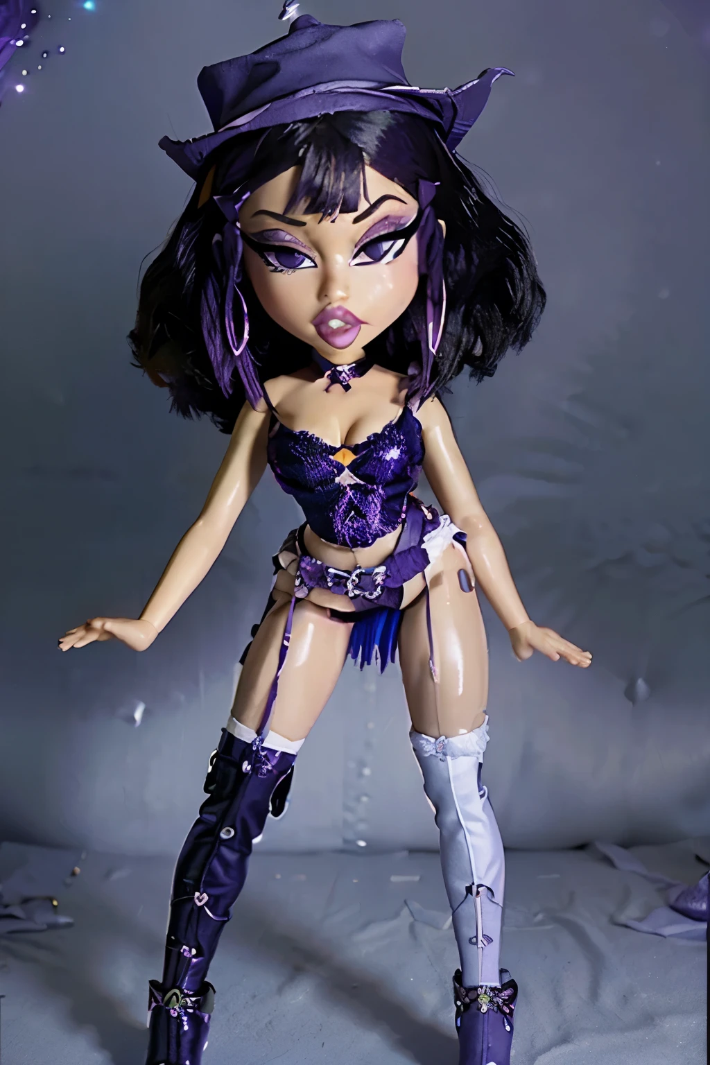 Bratz girl with detailed eyes and big lips, full body , plastic skin , doll joints, masterpiece, top quality, best quality, beautiful and aesthetic:1.2), doll, revealing clothes, big head, 1girl, solo, breasts, curvy, wide hips, narrow waist, joints, doll joints, cleavage, bursting breasts, huge breasts, lips, 1girl, midriff, full body, high heels, thighhighs, avery, 1girl, solo, short hair, hairclip, hair ornament, purple hair, purple eyes, serious, medium breasts, breasts, luna nova , medium skirt, belt, boots, witch, witch hat, full body,