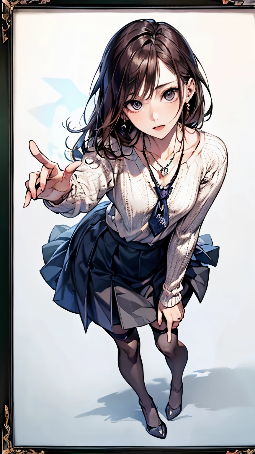 ((Biologically correct number of limbs))、(( Full body photo including face))、4K、((standing position))、masterpiece、((focus on the face))、((Symmetrical facial features))、Eyes with detailed description、Beautiful woman、outstanding style、beautiful clavicle、beautiful legs、beautiful hands、slender body、(small ass、thin thighs)、(stockings、high heels)、Detailed depiction of faces、small earrings、necklace、(knitted shirt、skirt)、close up of face、turn one's face upward、sideways glance、tie、Super dense fog、(((white frame photo)))、