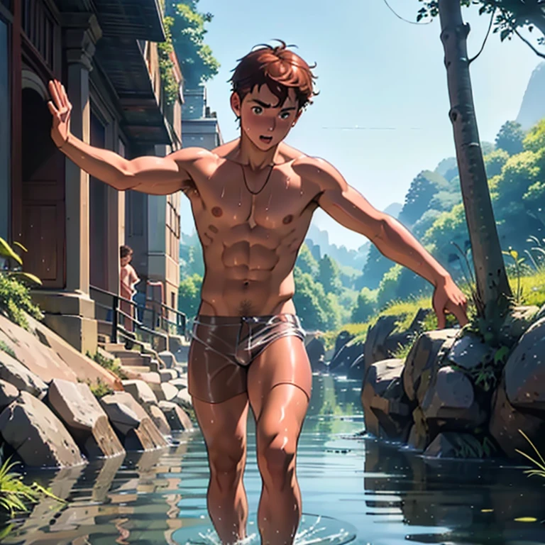 (tmasterpiece,Best quality at best,absurd res),1 person,naked boy, 20 year old, swimming underwater, skinny dipping, surprised face, short spiked reddish-brown hair, toned body, embarrassed pose, full body, rear view, wet transparent clothes (river background)
