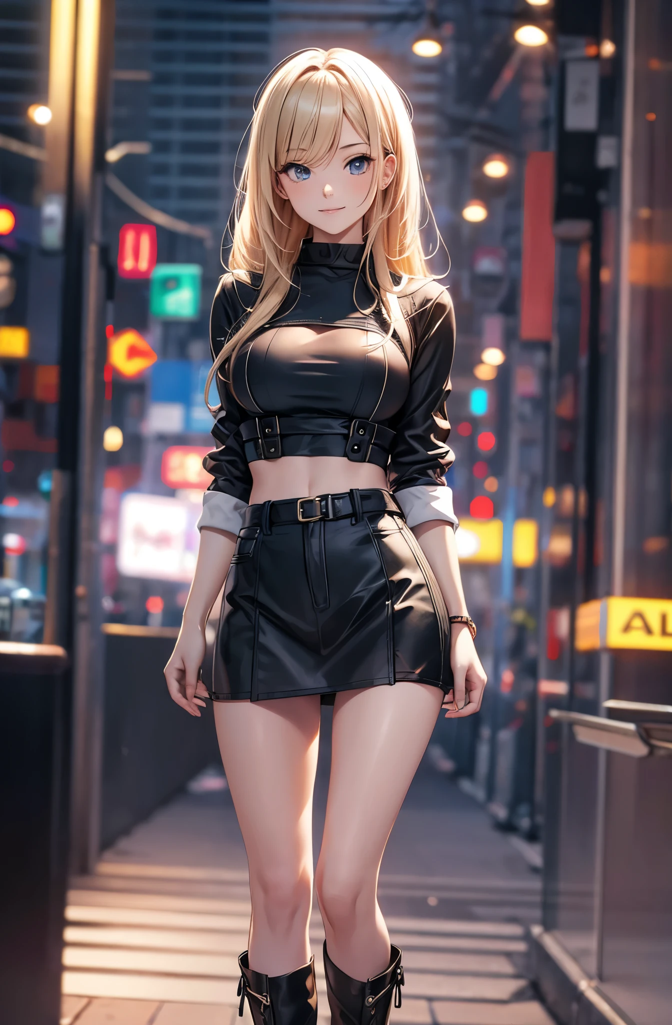 one girl,18 years old girl,gyaru,full body,slender body,long blonde hair,grin,casual fashion,knit tops,tight mini skirt,long boots in black,(best quality,4k,8k,highres,masterpiece:1.2),ultra-detailed, (realistic,photorealistic,photo-realistic:1.37),HDR,UHD,studio lighting,ultra-fine painting,sharp focus,physically-based rendering,extreme detail description,professional,vivid colors,bokeh,portraits