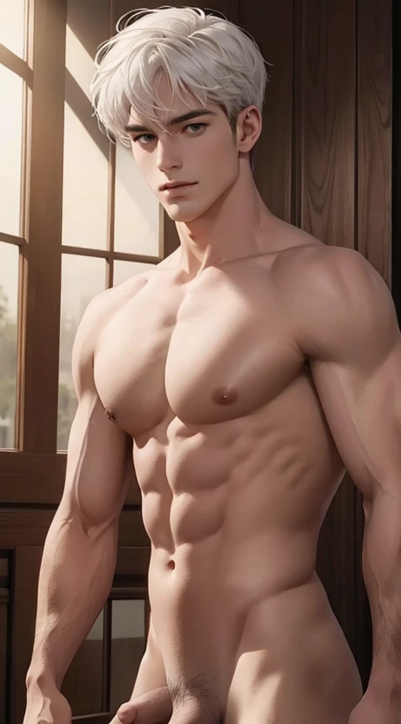 Full body photorealistic 4k, high resolution, best quality, masterpiece, perfect color, perfect shade, perfect lighting, Posted by e621, ((portrait)), ((handsome man)), perfect male figure, Short hair details,chest muscles,abdominal muscles,Naked torso,nudeness Detailed face, perfect face, (stood up), Detailed background, ((Bonifasco Lighting)), (delicate eyes)),white hair