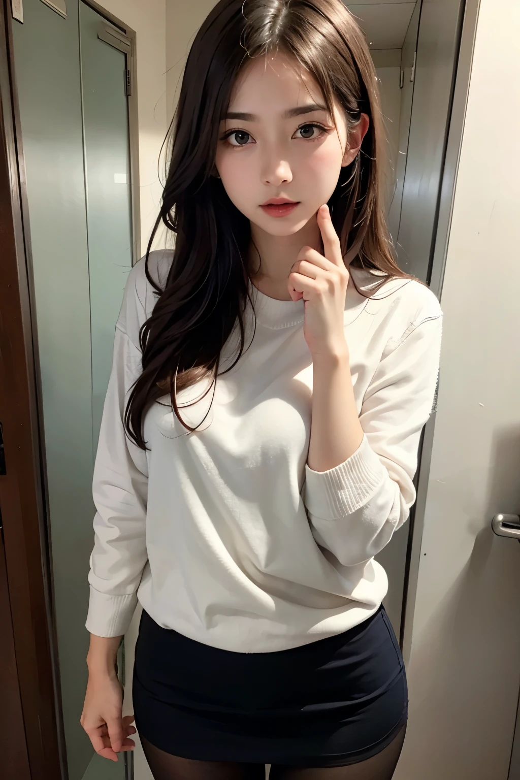 office girl changing clothes in the changing room, super realistic pantyhose:1.3, ulzzang-6500-v1.1, sharp focus、(Raw photo:1.2), (Photoreal), beautiful detailed girl, (genuine: 1.4), (muste piece), Puzzled, shame, shyness、