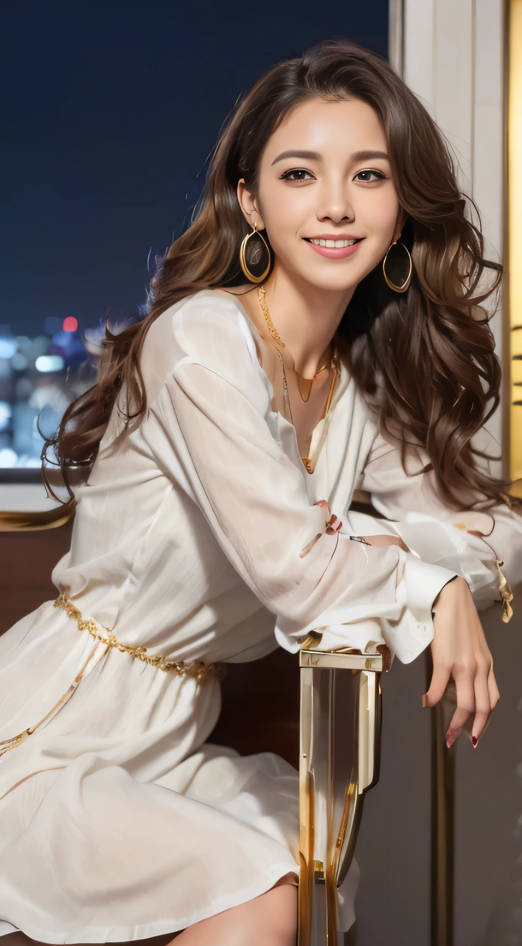 masterpiece, highest quality, realistic, Super detailed, small details, High resolution, 8k wallpaper, 1 beautiful woman, light brown messy hair, perfect dynamic composition, beautiful and detailed eyes、in the stylish office at night、((Super long brown hair:1.2))、((Hair with loose waves inside:1.2)),((gold necklace＿Large earrings:1.2)),((shy smile:1.3)),((wearing a white shirt dress:1.4)),((sitting on a chair, night view terrace background:1.3)),((look down at the viewer,from below:1.5))