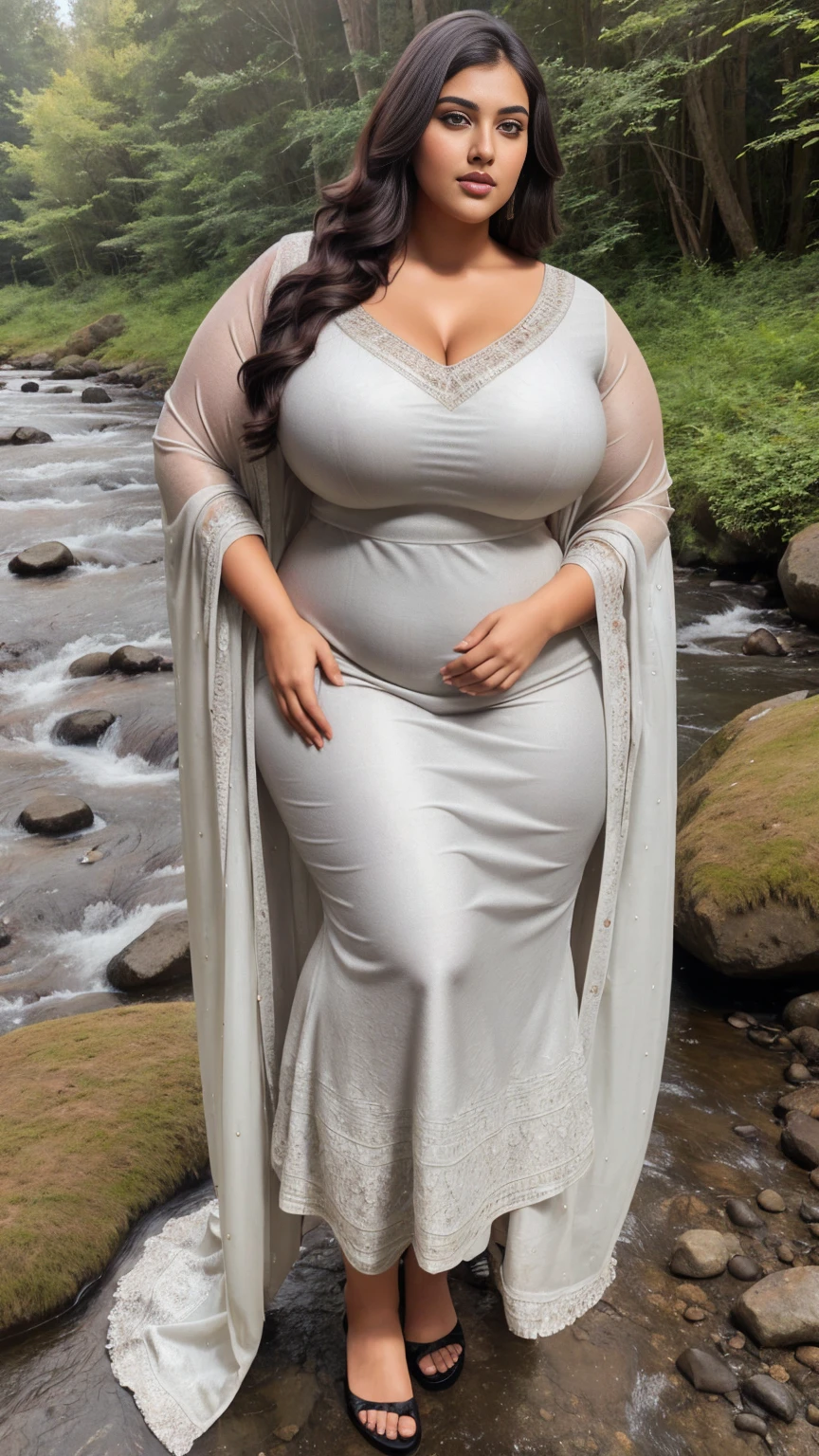 a hyper-realistic full body view photo of a young curvy plus size beautiful indian woman wearing Subtle Jacquard Dupatta with Kurta Ensemble standing in Crystal Creek Crossing, m-cup breasts, curvy plus size hourglass body, 22 years old, realistic, sexy,short brown hair, curved, masterpiece