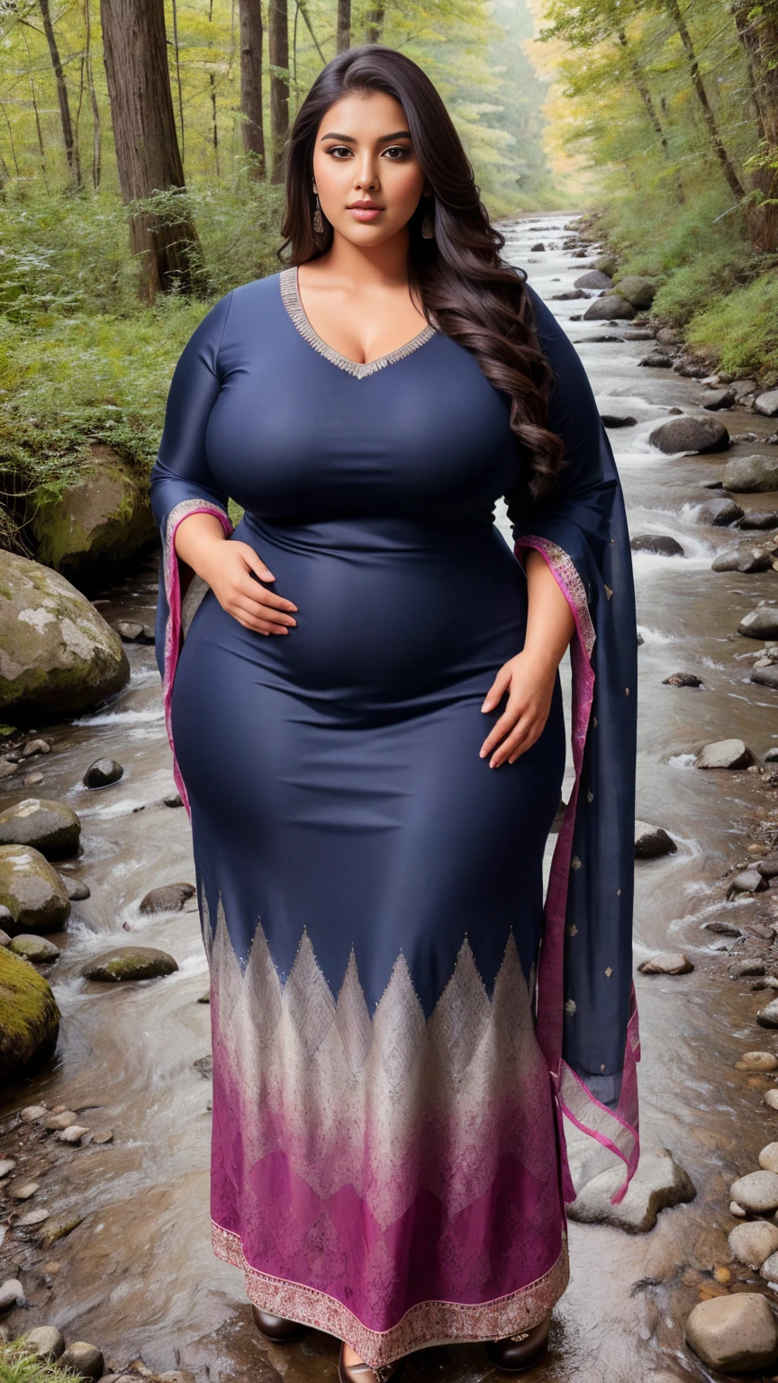 a hyper-realistic full body view photo of a young curvy plus size beautiful indian woman wearing Subtle Jacquard Dupatta with Kurta Ensemble standing in Crystal Creek Crossing, m-cup breasts, curvy plus size hourglass body, 22 years old, realistic, sexy,short brown hair, curved, masterpiece