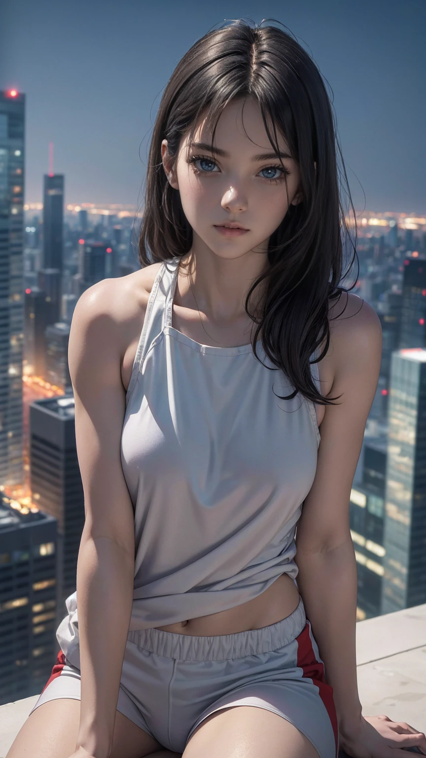 (masterpiece), realistic, (portrait of a girl named Tifa Lockheart from Final Fantasy VII with fighting pose), beautiful face, sunlight, cinematic light, bangs, a beautiful woman, beautiful eyes, short hair, open forehead, light brown hair, perfect anatomy, very cute, princess eyes , (pink eyes) , (frame the head), Centered image, stylized, bioluminescence, 8 life size,8k Resolution, white low-cut dress with small blue details, human hands, wonder full, elegant, approaching perfection, dynamic, highly detailed, character sheet, concept art, smooth, facing directly at the viewer positioned so that their body is symmetrical and balanced, stunningly beautiful teenage girl, detailed hairstyle,
