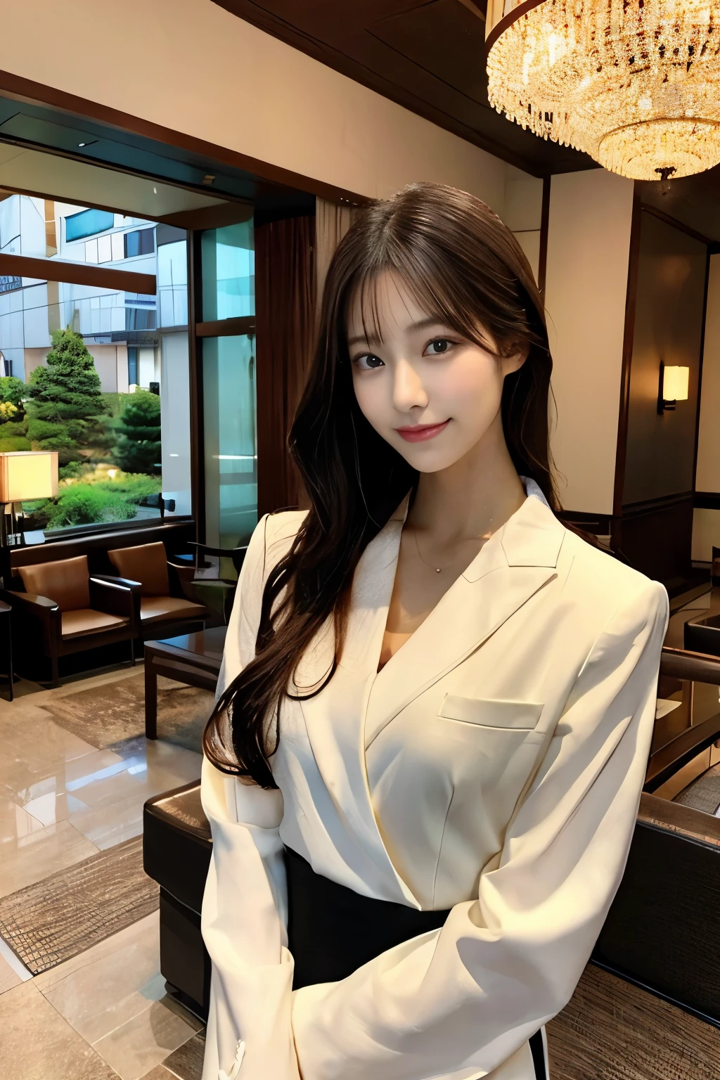 A tall and slender beauty、beauty in a suit、Huge 、undershirt、cool beauty、career woman、Beautifully dyed Japan、tic,hotel lobby,windows