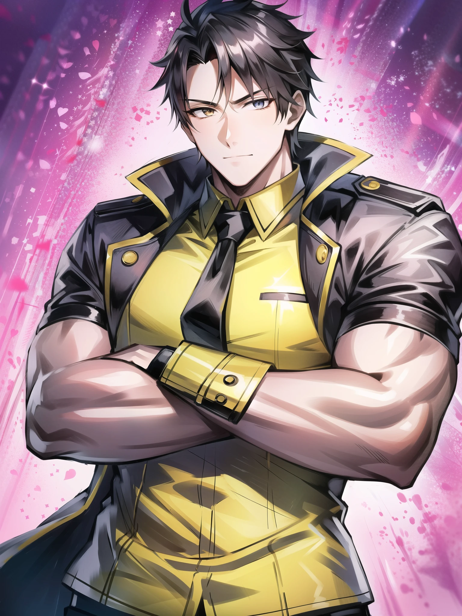 kryuger, 1boy, solo, male focus, monochrome,white background,necktie, crossed arms ,manlygriffin & kryuger military uniform, muscular male, solo, bara,large pectorals, 