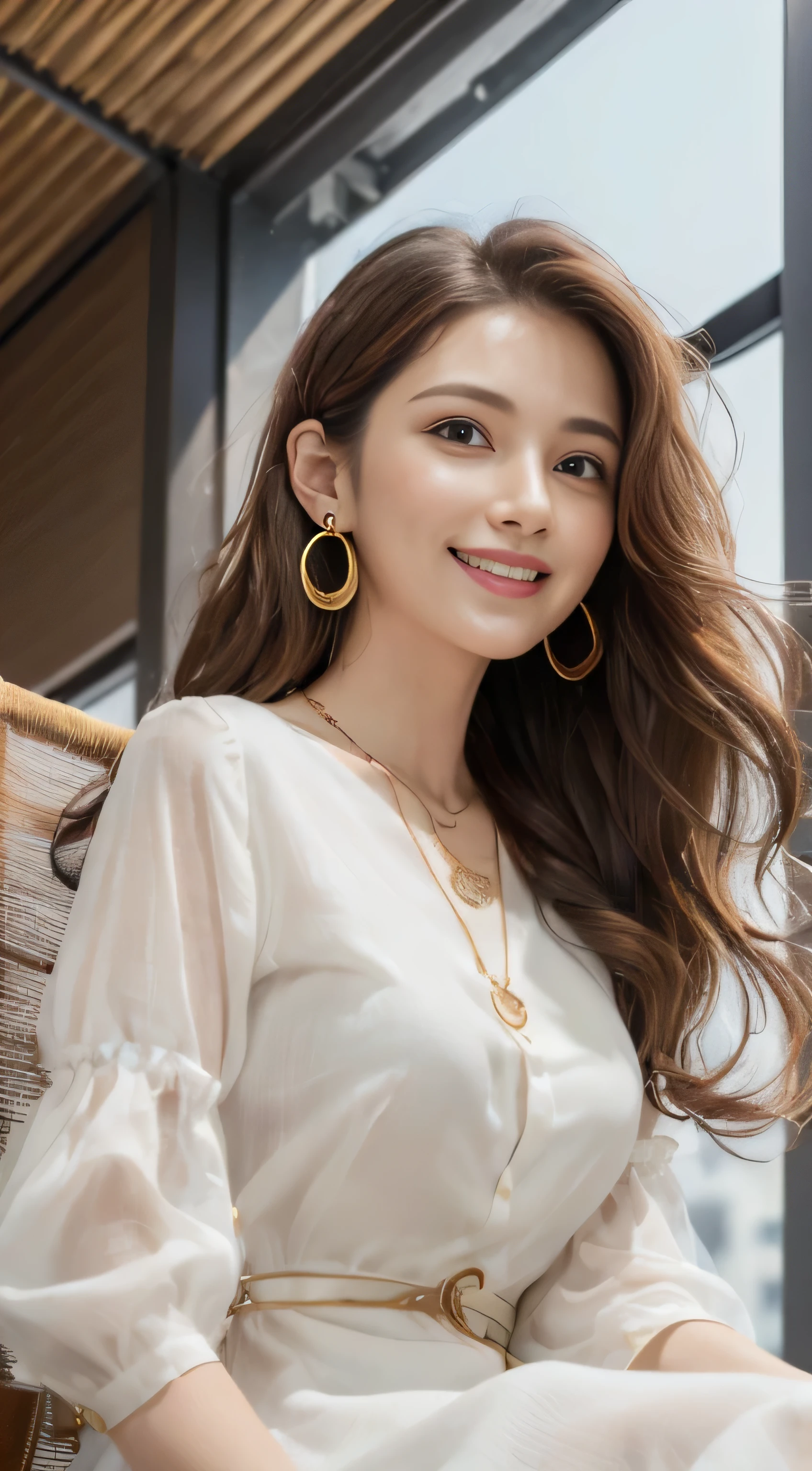 masterpiece, highest quality, realistic, Super detailed, small details, High resolution, 8k wallpaper, 1 beautiful woman, light brown messy hair, perfect dynamic composition, beautiful and detailed eyes、in the stylish office at night、((Super long brown hair:1.2))、((Hair with loose waves inside:1.2)),((gold necklace＿Large earrings:1.2)),((shy smile:1.3)),((wearing a white shirt dress:1.4)),((sitting on a chair, night view terrace background:1.3)),((look down at the viewer,from below:1.5))