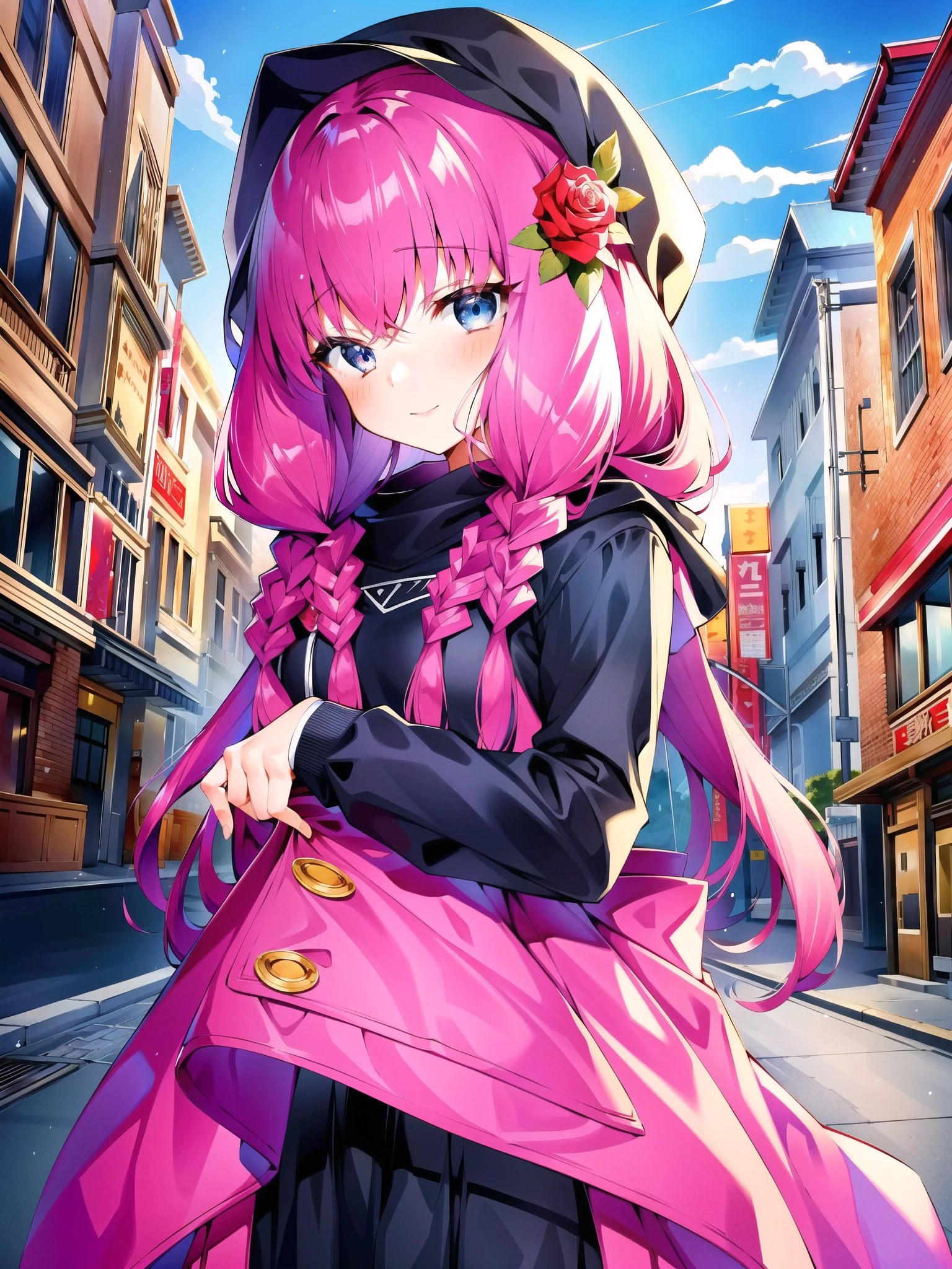 
kahka1、1 girl、flower、Virtual YouTuber、solo、Braid、rose、hood、ツインBraid、赤いflower、pink hair、hoodダウン、ピンクのflower、long hair、ピンクのrose、赤いrose、ribbon、long sleeve