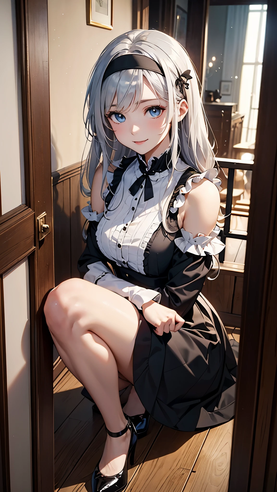 (最高masterpiece, highest quality, highest quality,official art),(mature woman:1.3),(attractive woman made),((masterpiece, highest quality))、8K、one woman、（(30 years old)）、((silver hair))、long hair、messy hair、attractive woman、blue eyes、Big eyes、sparkling eyes、Beautifully drawn eyes、smile、small bust、Black Gothic Maid、((white headband))、(look up)、(Knee to head:1.3)、Entrance of a luxurious house、aerial perspective、pure、transparent、Light、Light、Light、