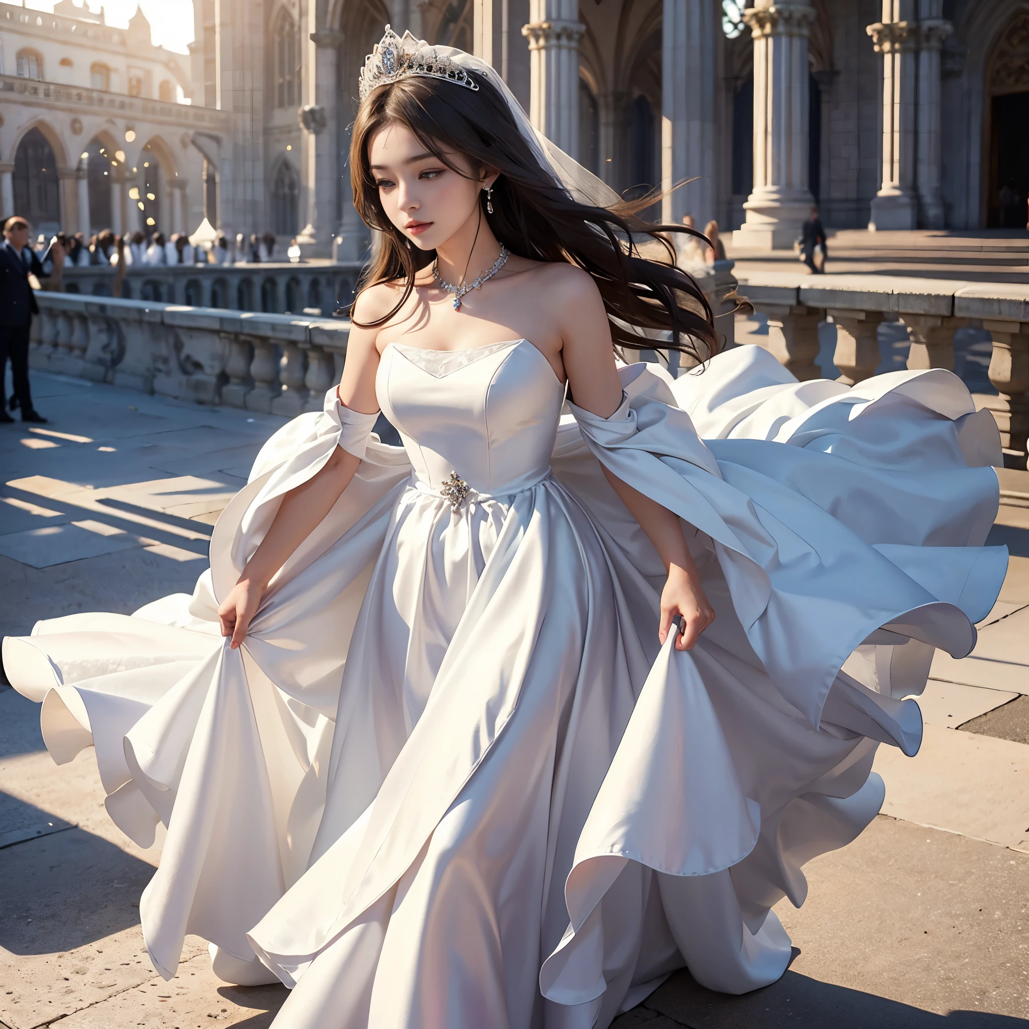 best quality, masterpiece, 1 girl, yak, cute teen, shiny lips, sweet, sun glare, Conservative attire, wedding dress, bridal tiara, depth of field, blurred background, Cathedral Background, light particles, strong wind, head tilt, long hair,