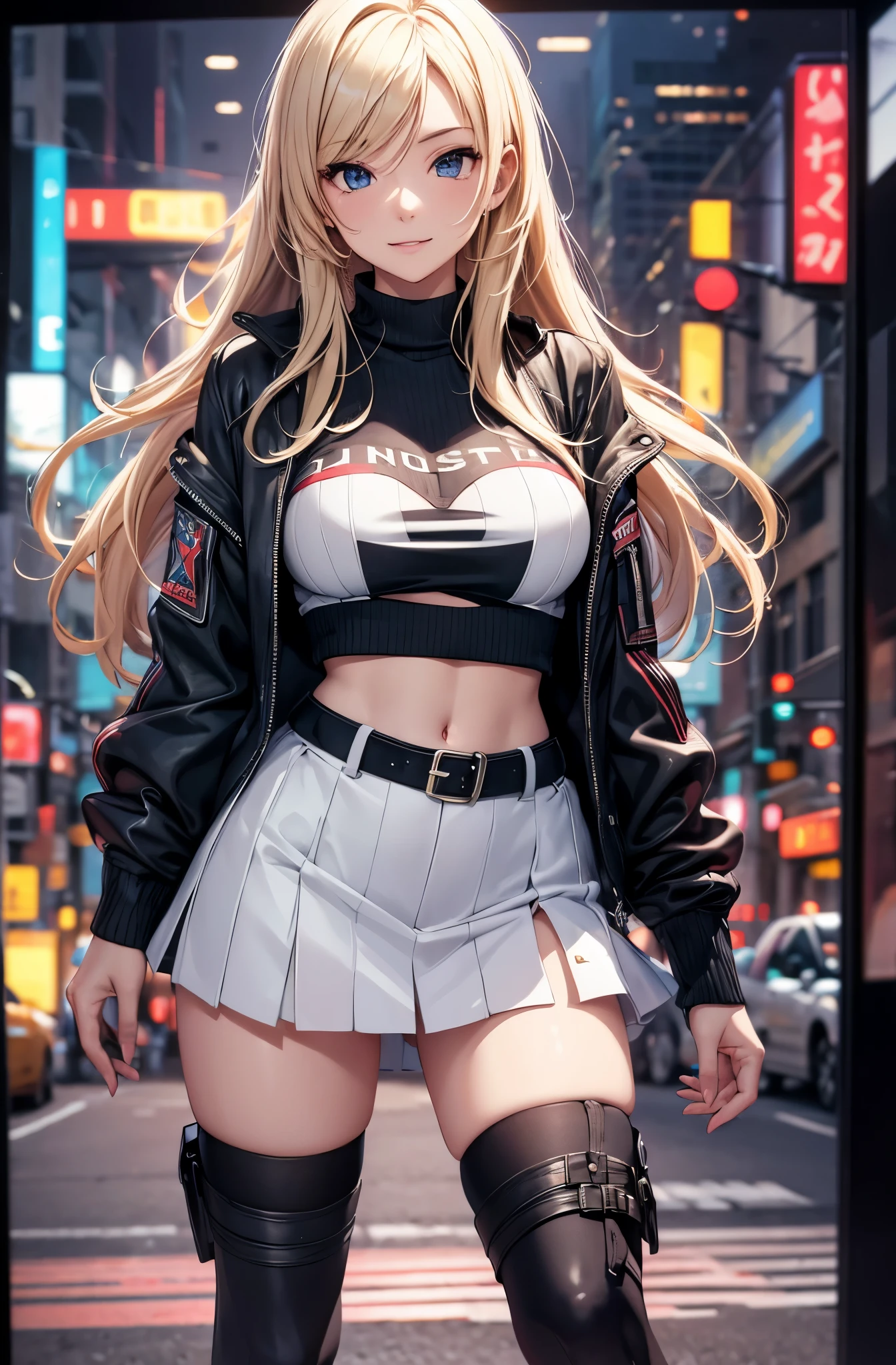 one girl,18 years old girl,gyaru,full body,slender body,long blonde hair,grin,casual fashion,knit tops,tight mini skirt,long boots in black,(best quality,4k,8k,highres,masterpiece:1.2),ultra-detailed, (realistic,photorealistic,photo-realistic:1.37),HDR,UHD,studio lighting,ultra-fine painting,sharp focus,physically-based rendering,extreme detail description,professional,vivid colors,bokeh,portraits