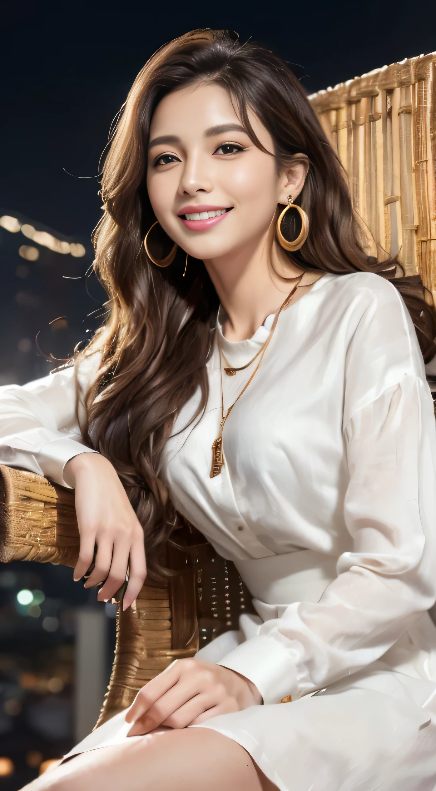 masterpiece, highest quality, realistic, Super detailed, small details, High resolution, 8k wallpaper, 1 beautiful woman, light brown messy hair, perfect dynamic composition, beautiful and detailed eyes、in the stylish office at night、((Super long brown hair:1.2))、((Hair with loose waves inside:1.2)),((gold necklace_Large earrings:1.2)),((shy smile:1.3)),((wearing a white shirt dress:1.4)),((sitting on a chair, night view terrace background:1.3)),((look down at the viewer,from below:1.5))