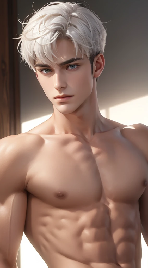Full body photorealistic 4k, high resolution, best quality, masterpiece, perfect color, perfect shade, perfect lighting, Posted by e621, ((portrait)), ((handsome man)), perfect male figure, Short hair details,chest muscles,abdominal muscles,Naked torso,nudeness Detailed face, perfect face, (stood up), Detailed background, ((Bonifasco Lighting)), (delicate eyes)),white hair