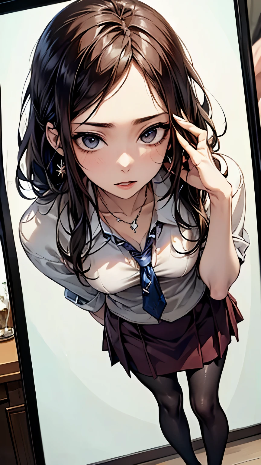 ((Biologically correct number of limbs))、(( Full body photo including face))、4K、((standing position))、masterpiece、((focus on the face))、((Symmetrical facial features))、Eyes with detailed description、Beautiful woman、outstanding style、beautiful clavicle、beautiful legs、beautiful hands、slender body、(small ass、thin thighs）、(stockings、high heels）、Detailed depiction of faces、small earrings、necklace、(knitted shirt、skirt)、close up of face、turn one&#39;s face upward、sideways glance、tie、Super dense fog、(((Mobile phone standby screen)))、