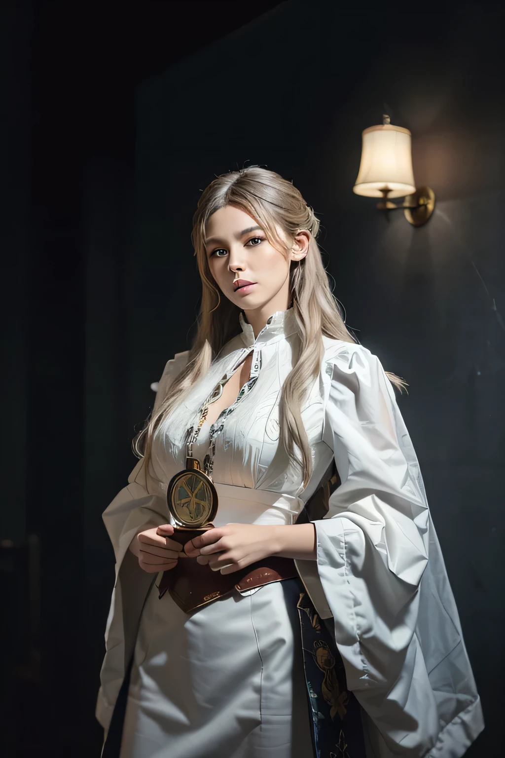 Hyperrealist portrait of female by david hockney and alphonse mucha,fantasy art, photo realistic, dynamic lighting, artstation, poster, volumetric lighting, very detailed faces, 4 k, award winning,, 1girl, in the dark, deep shadow, low key,cowboy shot,(official clothing:1.4) ,long hair,white hair,