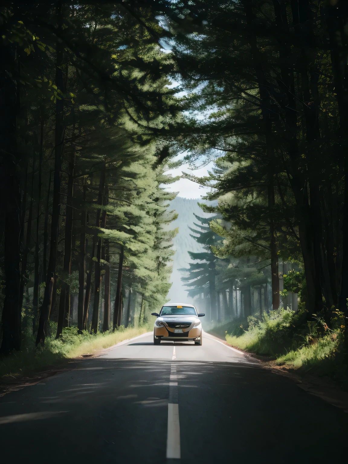 there is a car driving down a road with trees lining the sides, road trip exciting, road trip, road between tall trees, scenic full shot, traveling long dirt road, unsplash contest winning photo, vehicle photography, by Joe Bowler, road in a forest road, exploration, long road, by Etienne Delessert, unsplash photo contest winner, into the unknown