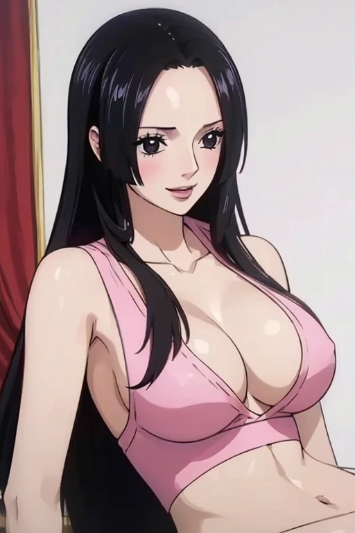 (((masterpiece))), (((best quality))), ((ultra-detailed)), (highly detailed CG illustration), Boa Hancock, (????:1.4), (masterpiece:1.5), Detailed Photo, Smiling, ????, (Best Quality: 1.4), (1girl), Beautiful Face, (Black Hair, long Hair: 1.3), Beautiful Hairstyle,  beautiful detail eyes, (realistic skin), beautiful skin, absurd, attractive, ultra high resolution, high definition, (???????? aroused:1.5), Pinkish white skin, cool white light, ???? pose, Beautiful , white background, pink soft white light, Wear a white tank top,