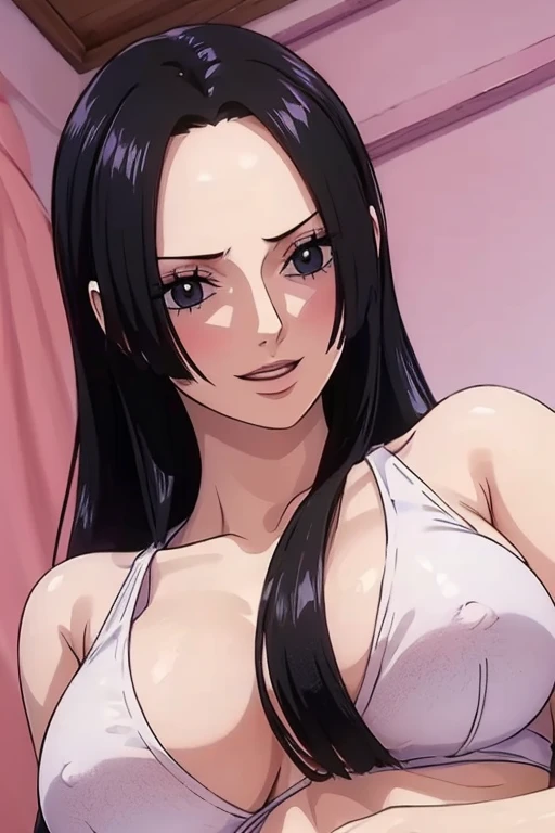 (((masterpiece))), (((best quality))), ((ultra-detailed)), (highly detailed CG illustration), Boa Hancock, (nsfw:1.4), (masterpiece:1.5), Detailed Photo, Smiling, Sexy, (Best Quality: 1.4), (1girl), Beautiful Face, (Black Hair, long Hair: 1.3), Beautiful Hairstyle, beautiful detail eyes, (realistic skin), beautiful skin, absurd, attractive, ultra high resolution, high definition, (sexually aroused:1.5), Pinkish white skin, cool white light, sexy pose, Beautiful , white background, pink soft white light, Wear a white tank top,