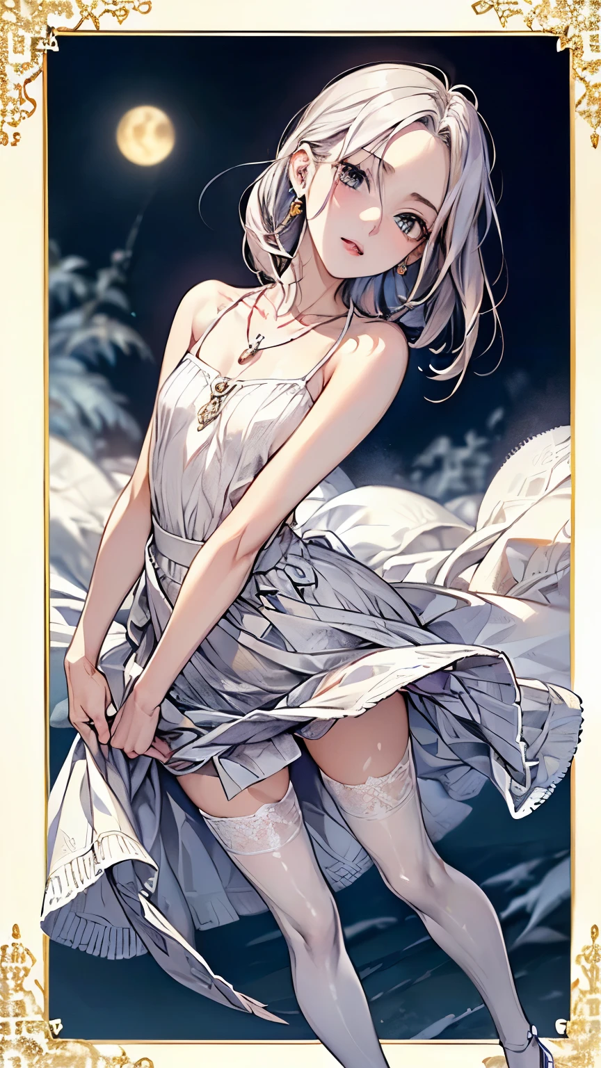 ((Biologically correct number of limbs))、(( Full body photo including face))、4K、((standing position))、masterpiece、((focus on the face))、((Symmetrical facial features))、Eyes with detailed description、Beautiful woman、outstanding style、beautiful clavicle、beautiful legs、beautiful hands、slender body、(small ass、thin thighs)、(stockings、high heels)、Detailed depiction of faces、small earrings、necklace、(knit dress、skirt)、close up of face、turn one's face upward、sideways glance、tie、night、Super dense fog、(((white frame photo)))、
