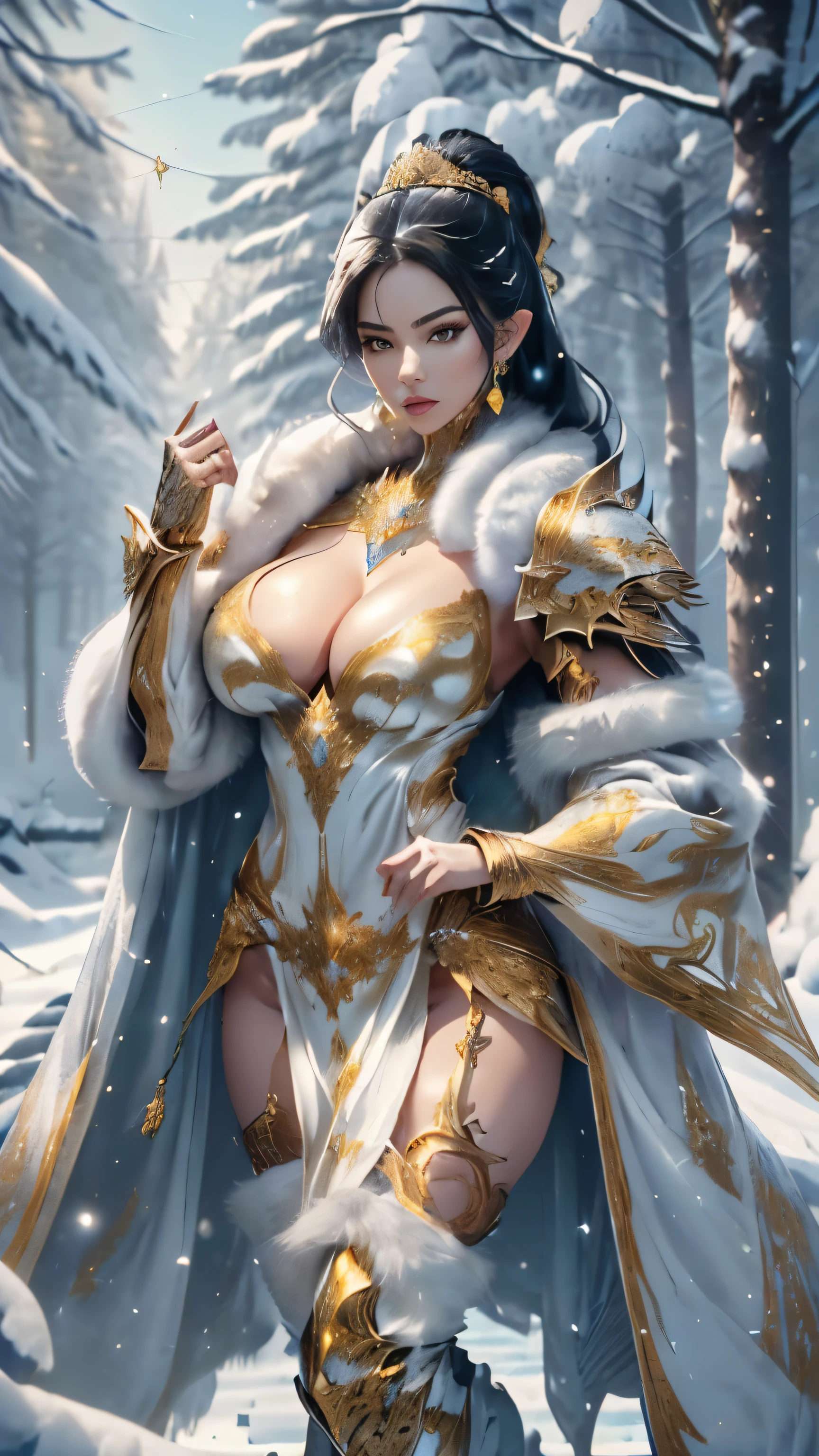 ((((full body portrait, full body shot))), 1woman,1female,((milf,mom,mature,mature woman,45 years old female,adult)),((((european girl)))),(Female Warrior:1.2), Detailed armor, delicate armor, gold decorated armor, elf styled sword in hand, holding elf styled sword, shiny sword, highly decorated sword, (large breasts:1.5),saggy breasts,(((black hair:1.4,dark hair,straight hair,long ponytail hair:1.4,colored inner hair))),(((silver_eyes:1.3))),intricate eyes,beautiful detailed eyes,symmetrical eyes,((((white skin:1.4,lustrous skin:1.5,bright skin: 1.5,skin tanned,shiny skin,very shiny skin,shiny body,illuminated skin)))),(spider lower abdomen,narrow waist,wide hip,bimbo body,inflated legs,thick thighs),(((detailed face))), (cute,slutty,sensual,seductive look,seductive,((erotic)),opulent,sumptuous,longingly,(nsfw), queen,goddess,fantasy,(sexy clothes, princess warrior outfit,jewelry,sheer loincloth, pelvic curtain, midriff, bracelets,),((eyeshadow,elegant makeup,eyelid makeup,gold lips,gold lipstick)),((Transparent cloth:1.1)), (((Sexy fur coat, fur coat outfit, wearing a fur coat:1.3,winter coat))),(fantasy golden jewelry,intricate necklace),(((intricate outfit,intricate clothes,embroidered outfit,golden ornate outfit, fur armored thight high boots, gold ornated armor boots))), (dynamic pose:1.0),embarrassed,(centered,scale to fit dimensions,Rule of thirds), ((snowy pine forest)),winter,scenery:1.25,((intricate scenery)),((snow forest background)), (Glossy winter ornaments),highres,sharp focus,(ultra detailed,extremely detailed),(photorealistic artwork:1.37),(extremely detailed CG unity 8k wallpaper),(((vibrant colors,vibrant theme))),(intricate),(masterpiece),(best quality),