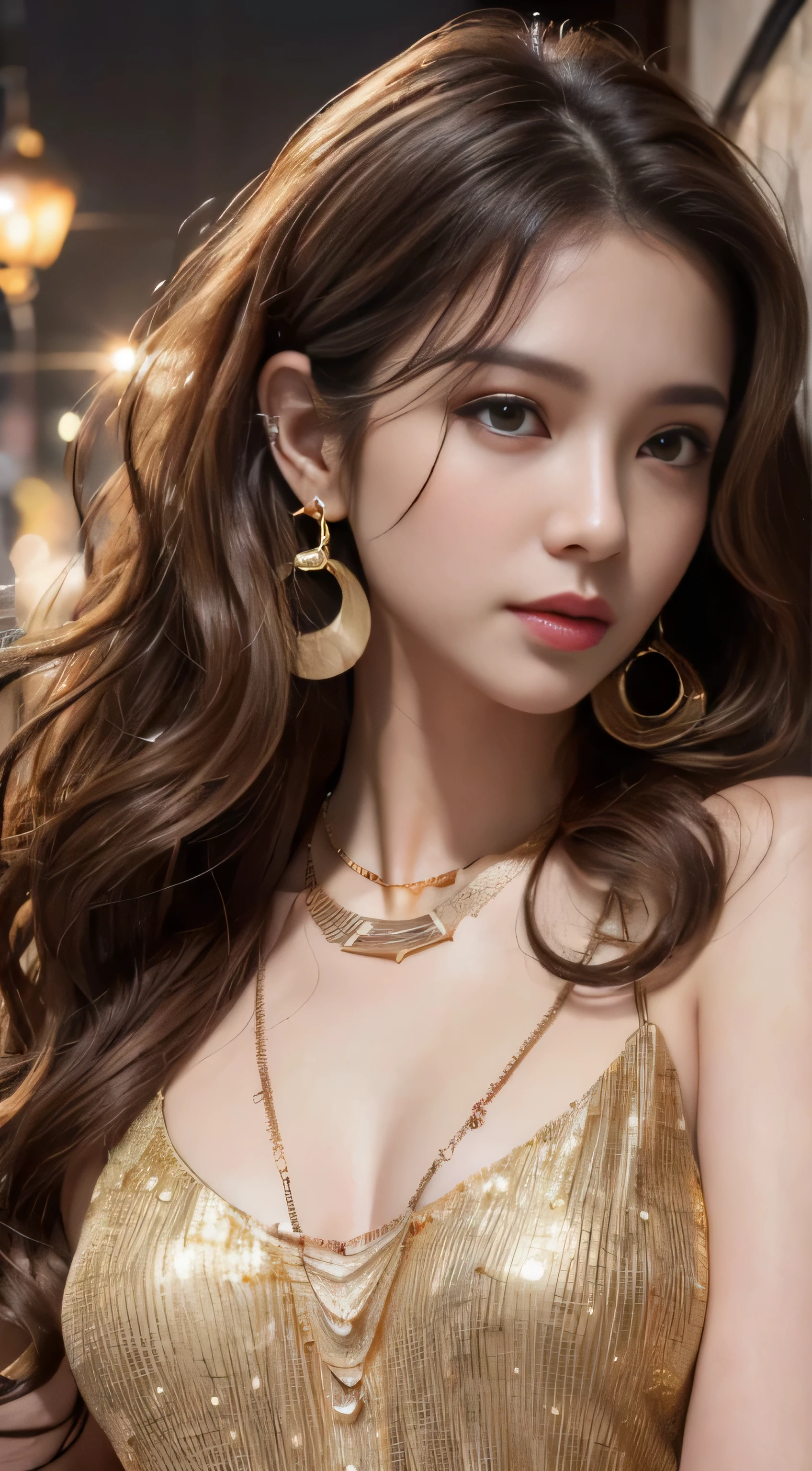 masterpiece, highest quality, realistic, Super detailed, small details, High resolution, 8k wallpaper, 1 beautiful woman, wear casual business wear, in a great restaurant, At night, light brown messy hair, perfect dynamic composition, beautiful and detailed eyes,((Hair with loose waves inside:1.2)),((gold necklace_Large earrings:1.2)),((Super long brown hair:1.2))