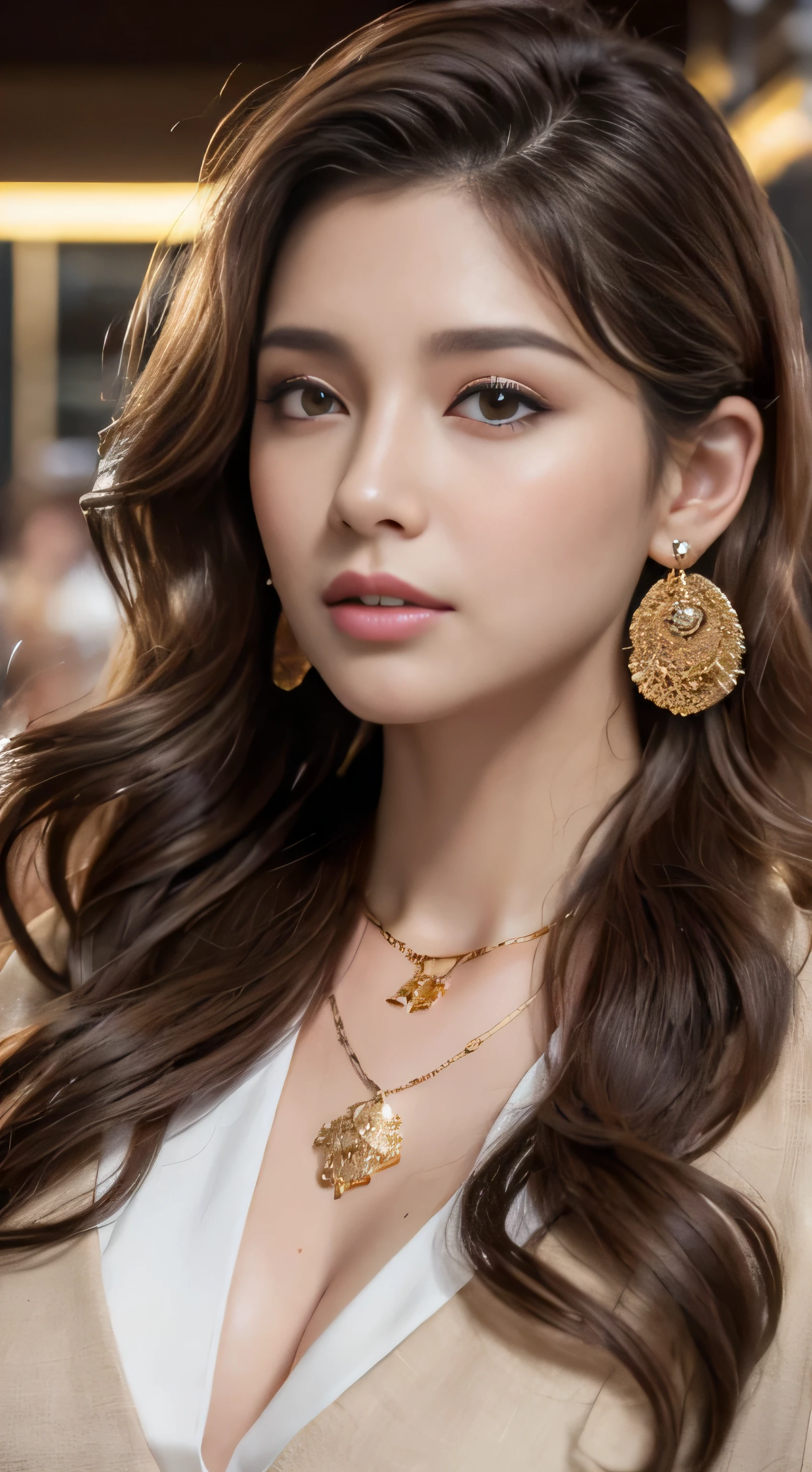 masterpiece, highest quality, realistic, Super detailed, small details, High resolution, 8k wallpaper, 1 beautiful woman, wear casual business wear, in a great restaurant, At night, light brown messy hair, perfect dynamic composition, beautiful and detailed eyes,((Hair with loose waves inside:1.2)),((gold necklace_Large earrings:1.2)),((Super long brown hair:1.2))
