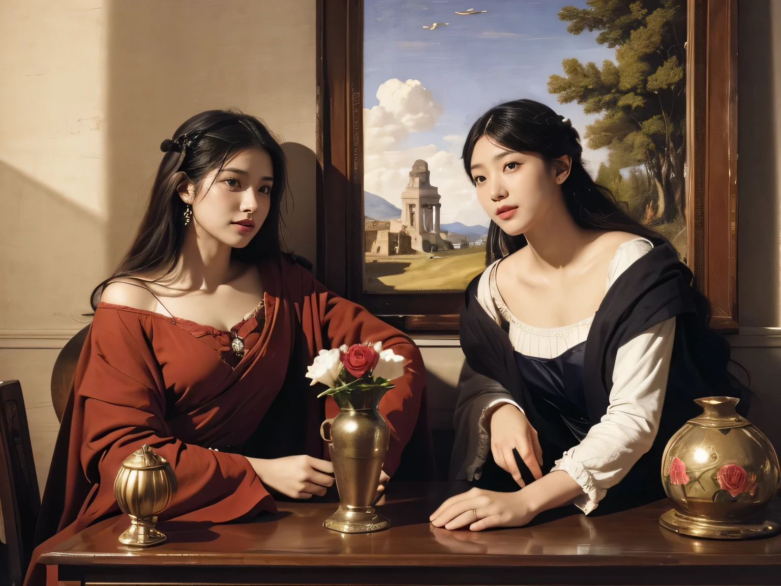 full body portrait or statue、Giorgione painting style,Arguments of two female Philosophe,math、astronomical machine、astronaut、roses in vase、fruits、Cute trinkets、smile、ancient greek costume、Ancient Roman landscape in the style of Nicolas Poussin,laughter,,Sweet and seductive appearance.、Caravaggio's paintings、Chiar