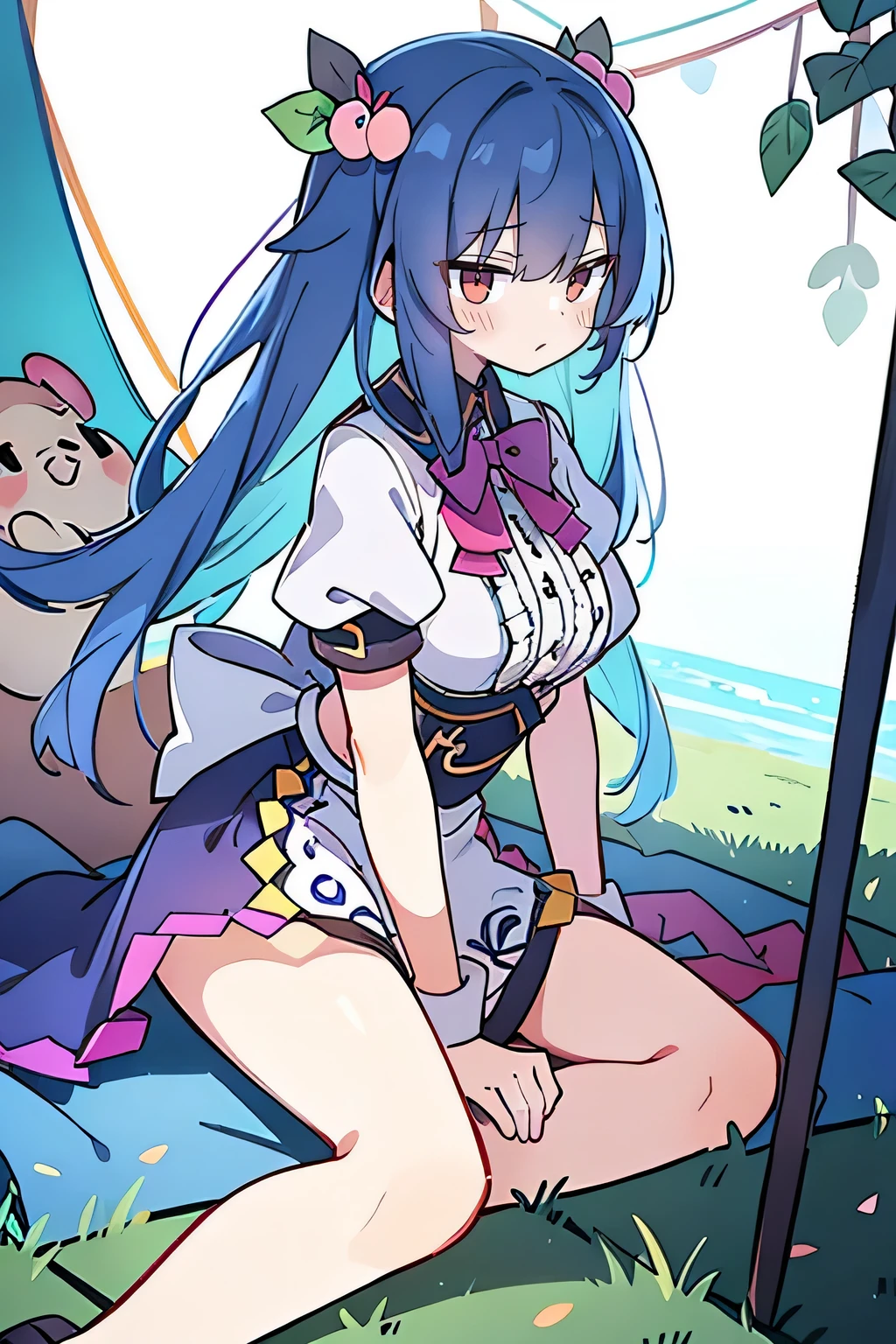 (masterpiece),best quality, expressive eyes, perfect face,sit, sit on ground, Legs on the ground, 1girl,
Big breasts, H cup, Good breasts, Put your hands on your waist,fair, Gorgeous,Japanese cartoons,girl,lola,Hina Angel, blue hair, blue haired,tent , tent chest, tent breast, floating clothes