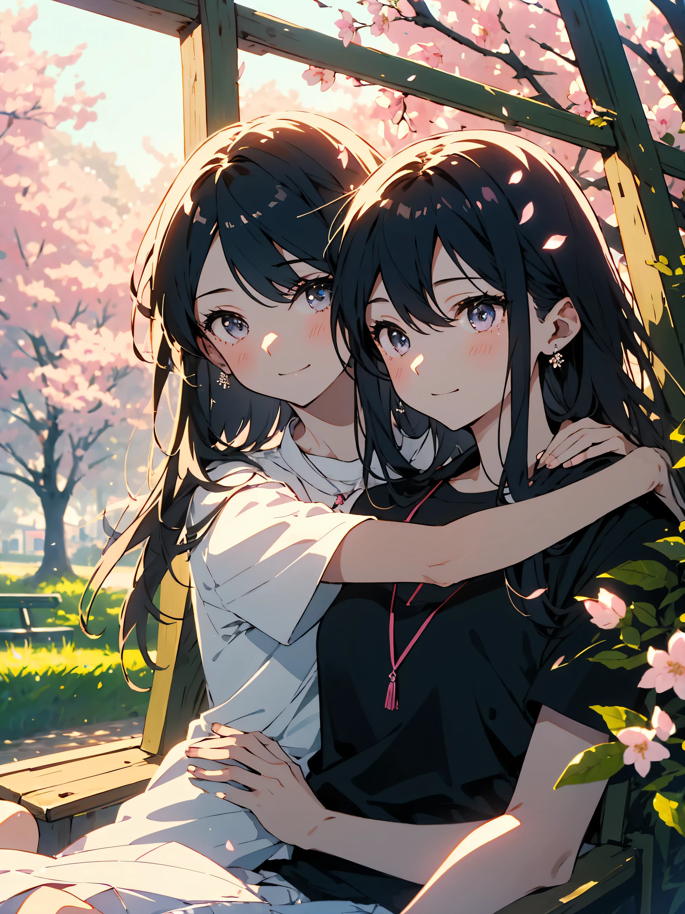 (highest quality、masterpiece、High resolution、be familiar with), (2 girls, yuri couple:1.7), (cute smile),(shining eyes、be familiar with美しい顔)、 sitting on a bench in a sunny park、(Shoulder to shoulder:1.6)、(highest quality、masterpiece、High resolution、be familiar with)、cute background:1.2、beautiful anime、watercolor painting、bright cherry blossom background:1.4