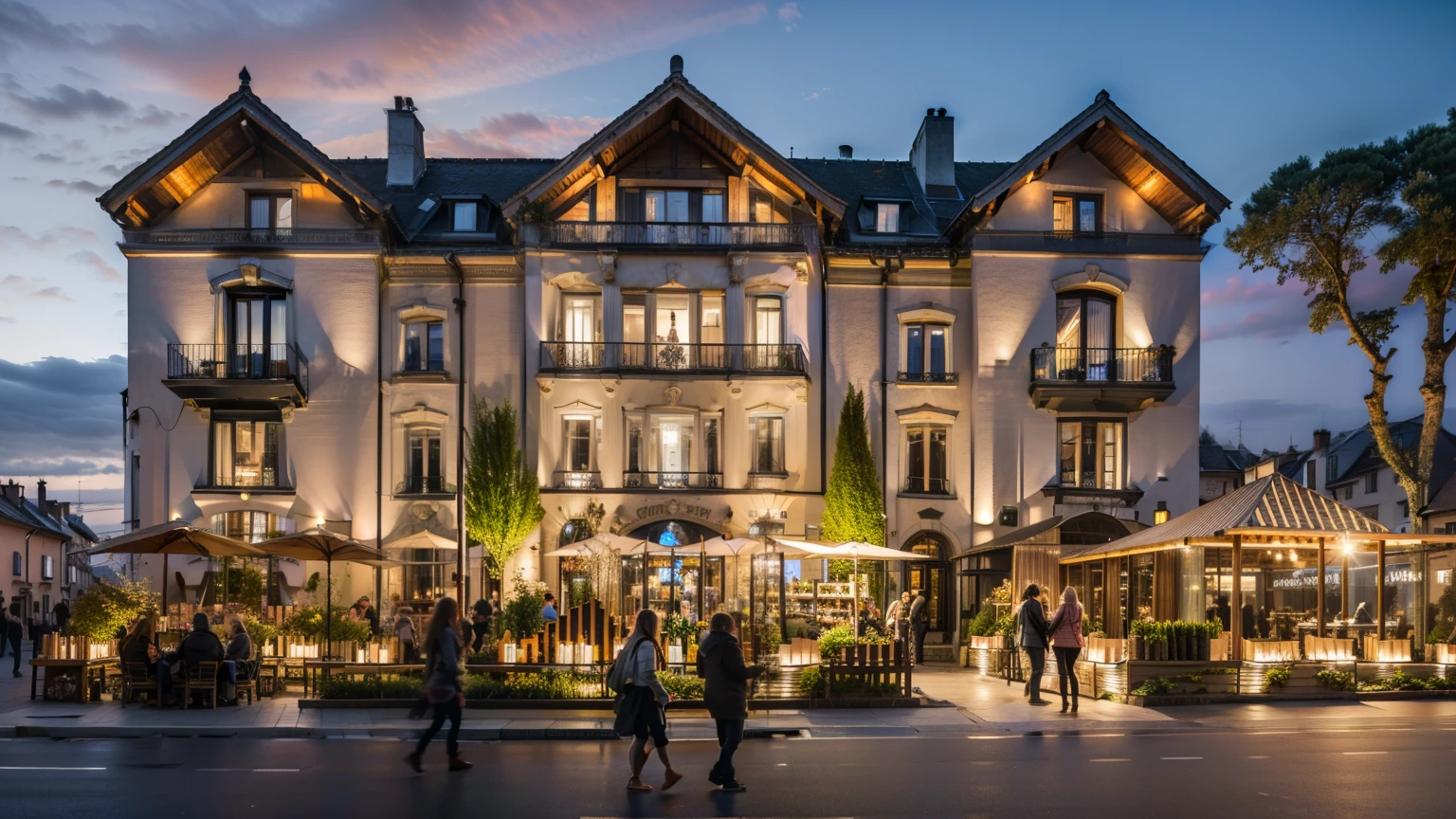 Arafed Haus mit vielen Lichtern auf der Vorderseite, Foto entdeckt, gut gestaltetes Meisterwerk, Vollansicht, Außenaufnahme, hochwertiges Bild, erstaunlich komponiertes Bild, Exterior of a French village, Outdoor photography, Foto nachts aufgenommen, a atemberaubendes Meisterwerk, Meisterwerk Kunstwerk, full resolution, atemberaubendes Meisterwerk, eine weite Totalaufnahme, Perfekt detailliert