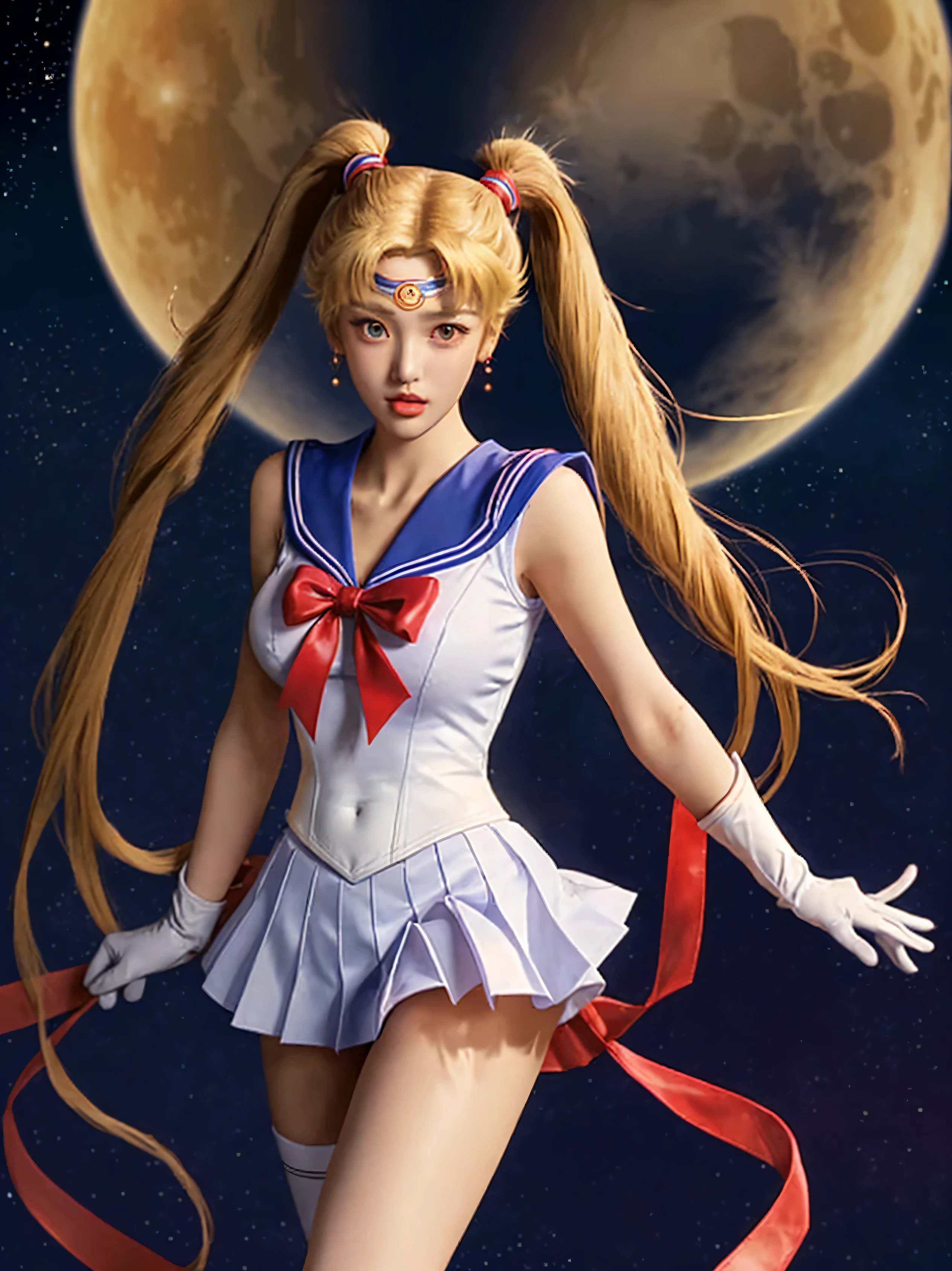 blue sailor style clothes, skirt, White gloves, red knee high boots, Sketch Sailor Moon wearing a red ribbon on her chest. tiara, long blonde pigtails. heroic pose, Sailor Moon Costume, Sailor Moon, Sailor Moon Cosplay, crescent moon background