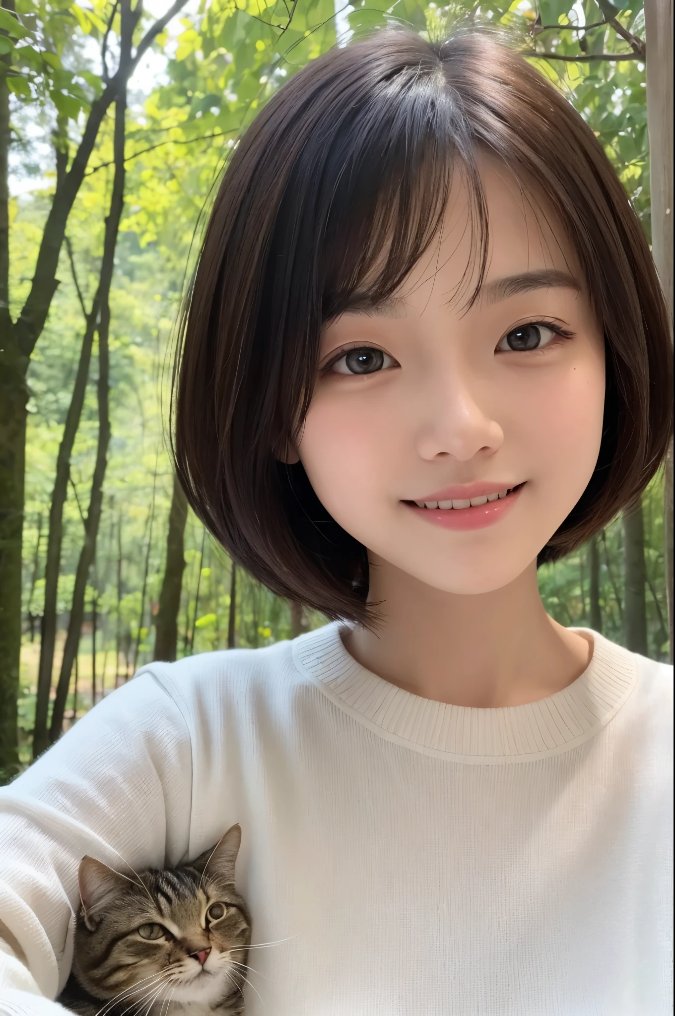 1 girl、Upper body、close up、laughter、、(8K、original photo、best quality、masterpiece:1.2)、(actual、photo actual:1.37)、Exquisite and delicate face、japanese student、Wearing a long white sweater、(((Best image quality))),small、delicate skin, (beautiful hair), (Perfect Anatomy), (actual), (Dynamic angle), Seductive pose,Perfect,Sensual appearance、best quality、High resolution、fluffy shorthair cat、The background is a forest、