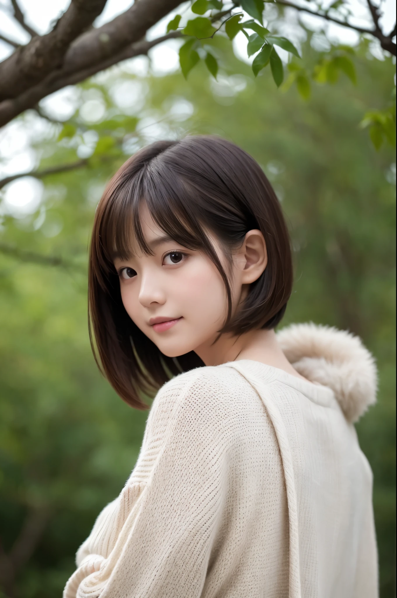 1 girl、Upper body、close up、laughter、、(8K、original photo、best quality、masterpiece:1.2)、(actual、photo actual:1.37)、Exquisite and delicate face、japanese student、Wearing a long white sweater、(((Best image quality))),small、delicate skin, (beautiful hair), (Perfect Anatomy), (actual), (Dynamic angle), Seductive pose,Perfect,Sensual appearance、best quality、High resolution、fluffy shorthair cat、The background is a forest、