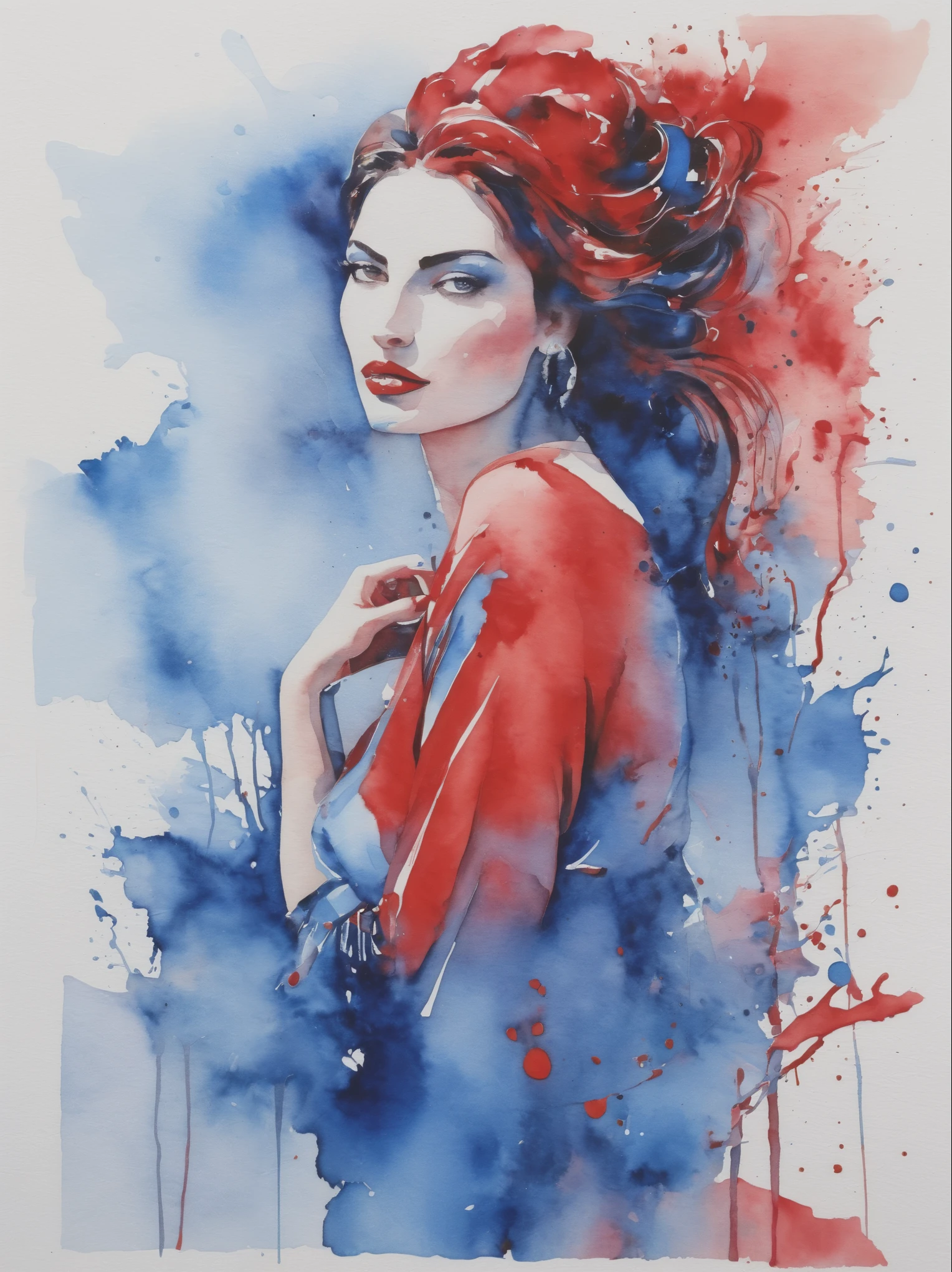 red and blue woman painting, Silvia Pelissero watercolor, tumbler, abstraction, Intense watercolor painting, Watercolor Detailed Art, Watercolor splash, surreal, Avant-garde pop art, beautiful and expressive, Beautiful artistic illustration, Very colorful shades, extremely good, cruel beauty, best quality,official art, women only, clear outline, best shot